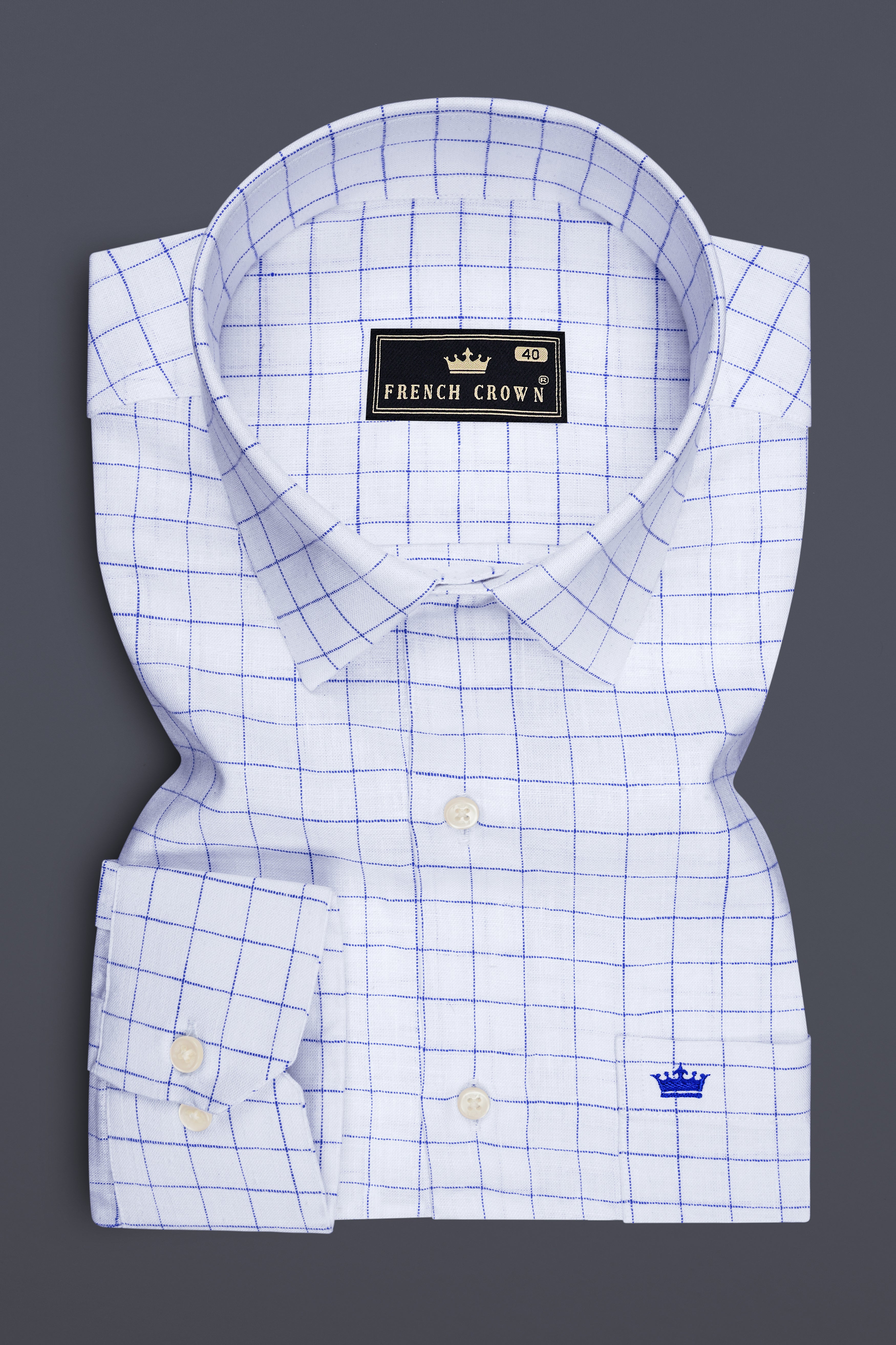 Lumen-Bright White And Periwinkle Blue Windowpane Luxurious Linen Dress Shirt