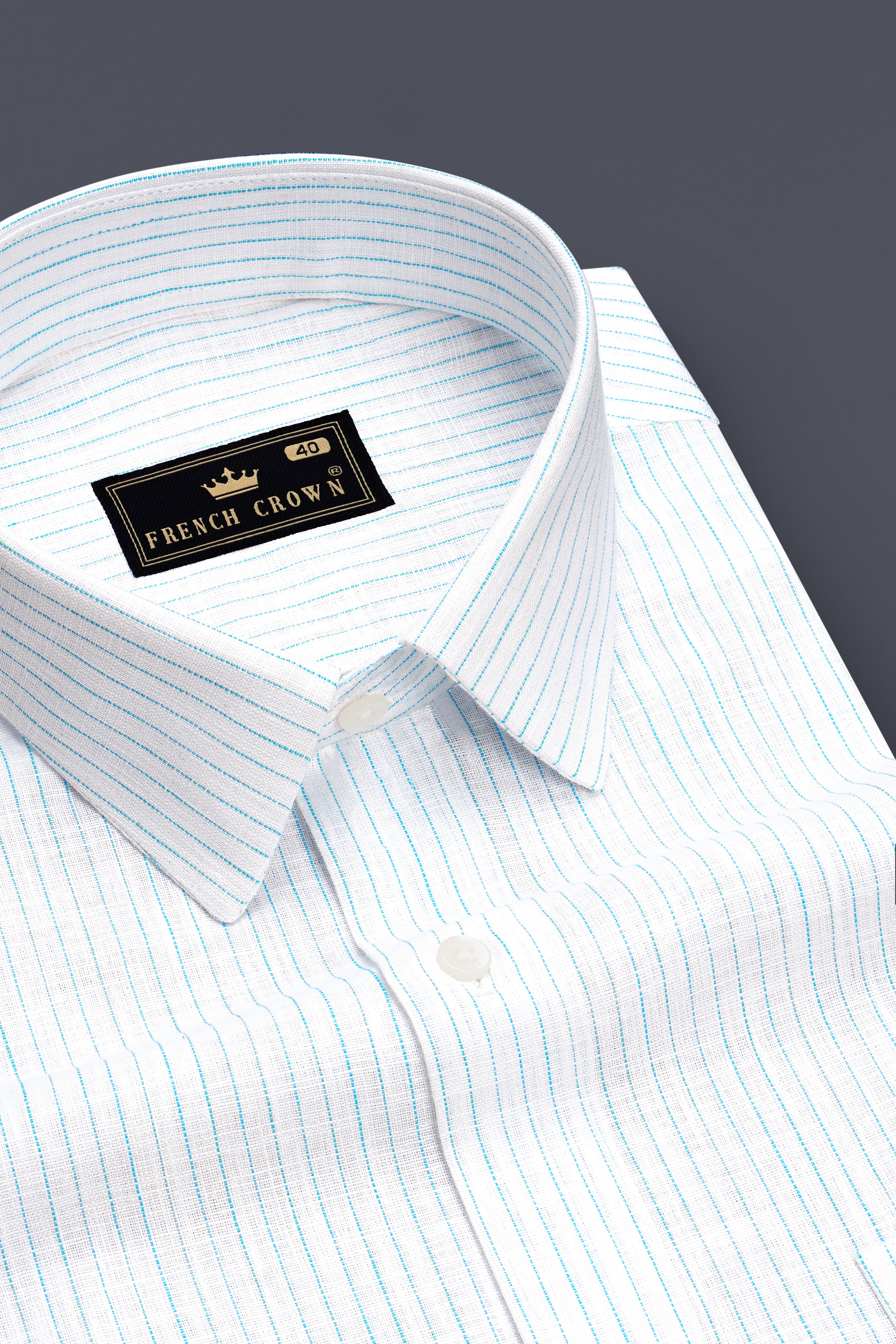 Marina-Bright White And Turquoise Blue Pin Striped Luxurious Linen Dress Shirt