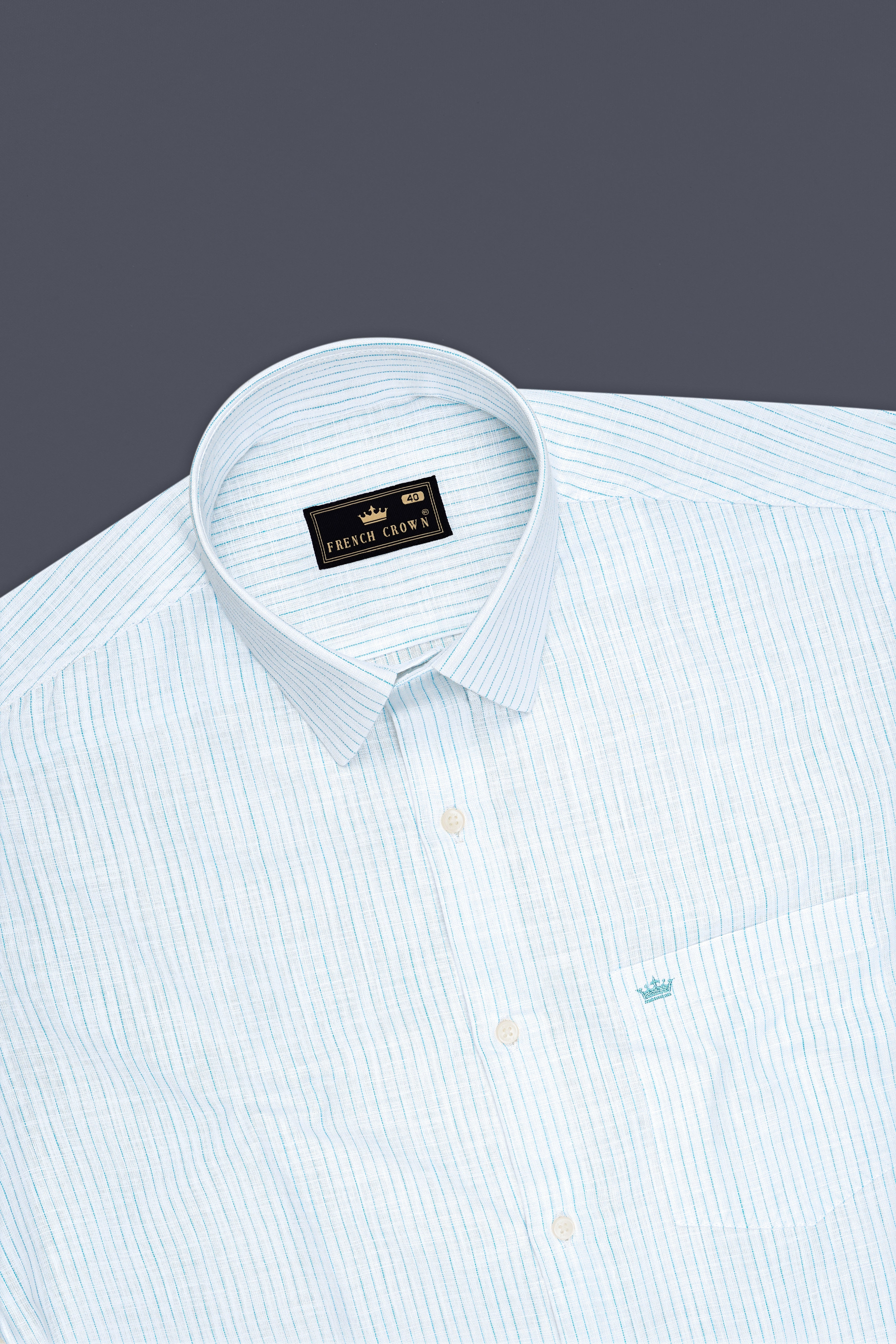 Marina-Bright White And Turquoise Blue Pin Striped Luxurious Linen Dress Shirt