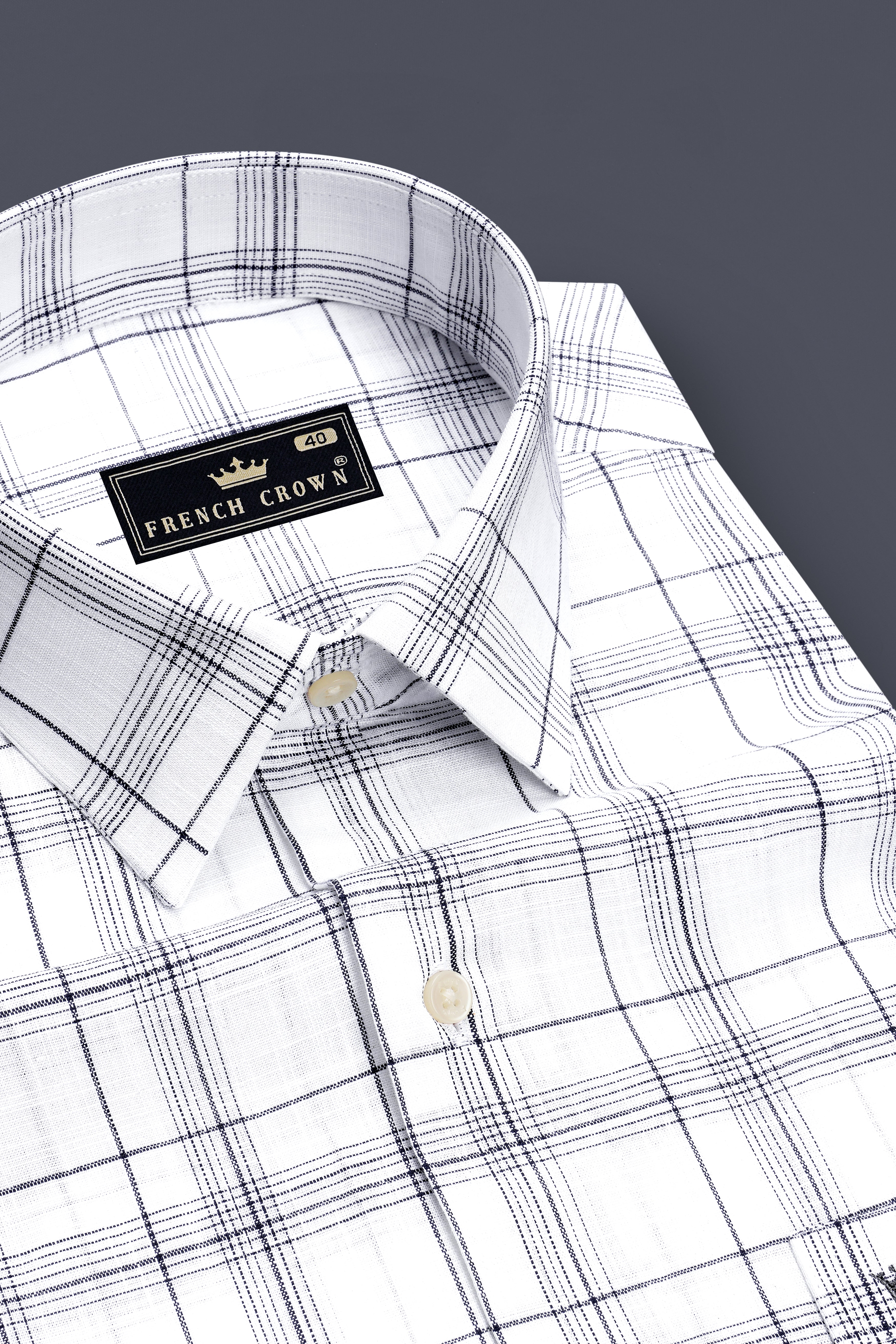 Azure-Bright White And Ebony Blue Plaid Luxurious Linen Dress Shirt