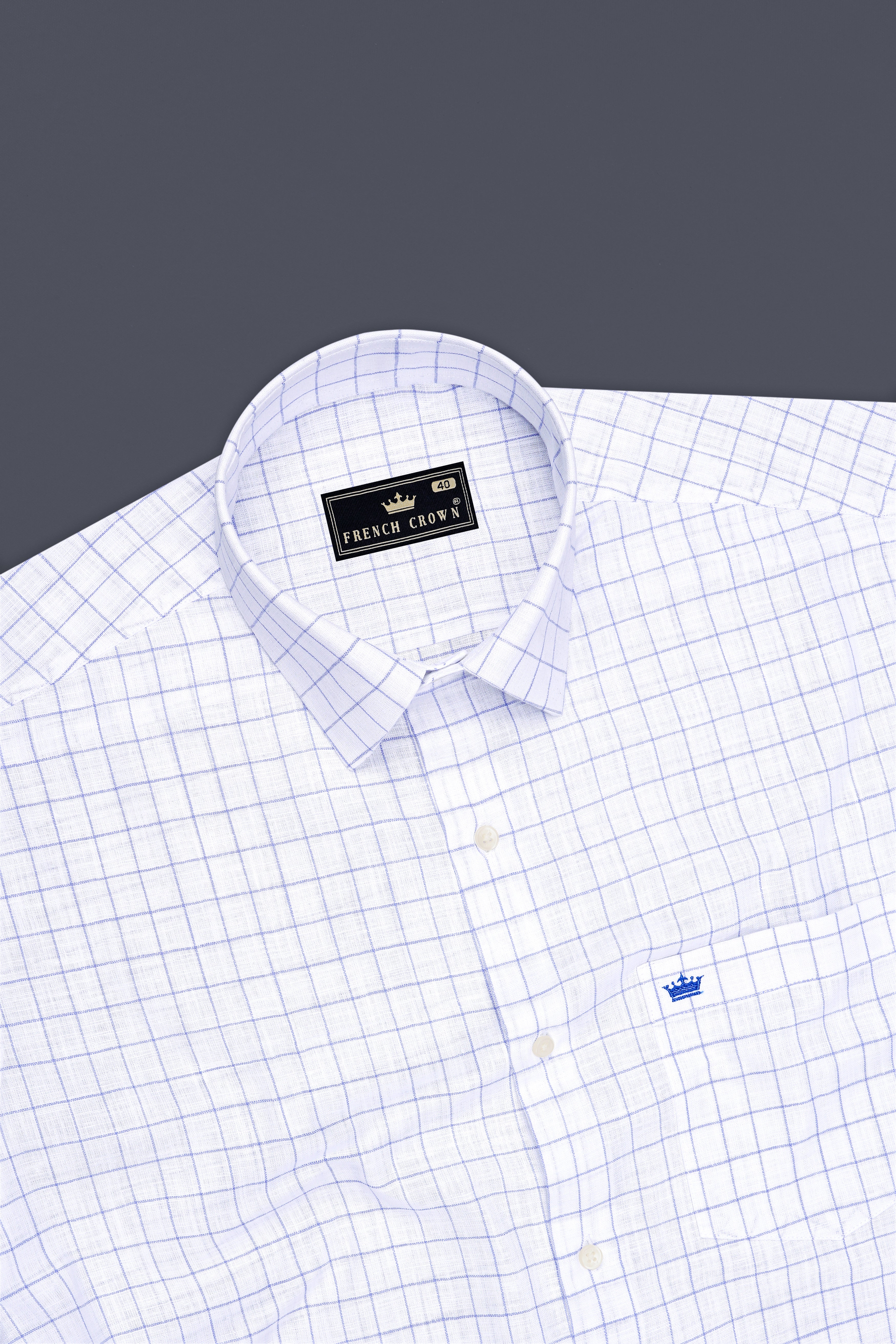 Verve-Bright White And Carolina Blue Windowpane 100% Pure Luxurious Linen Dress Shirt