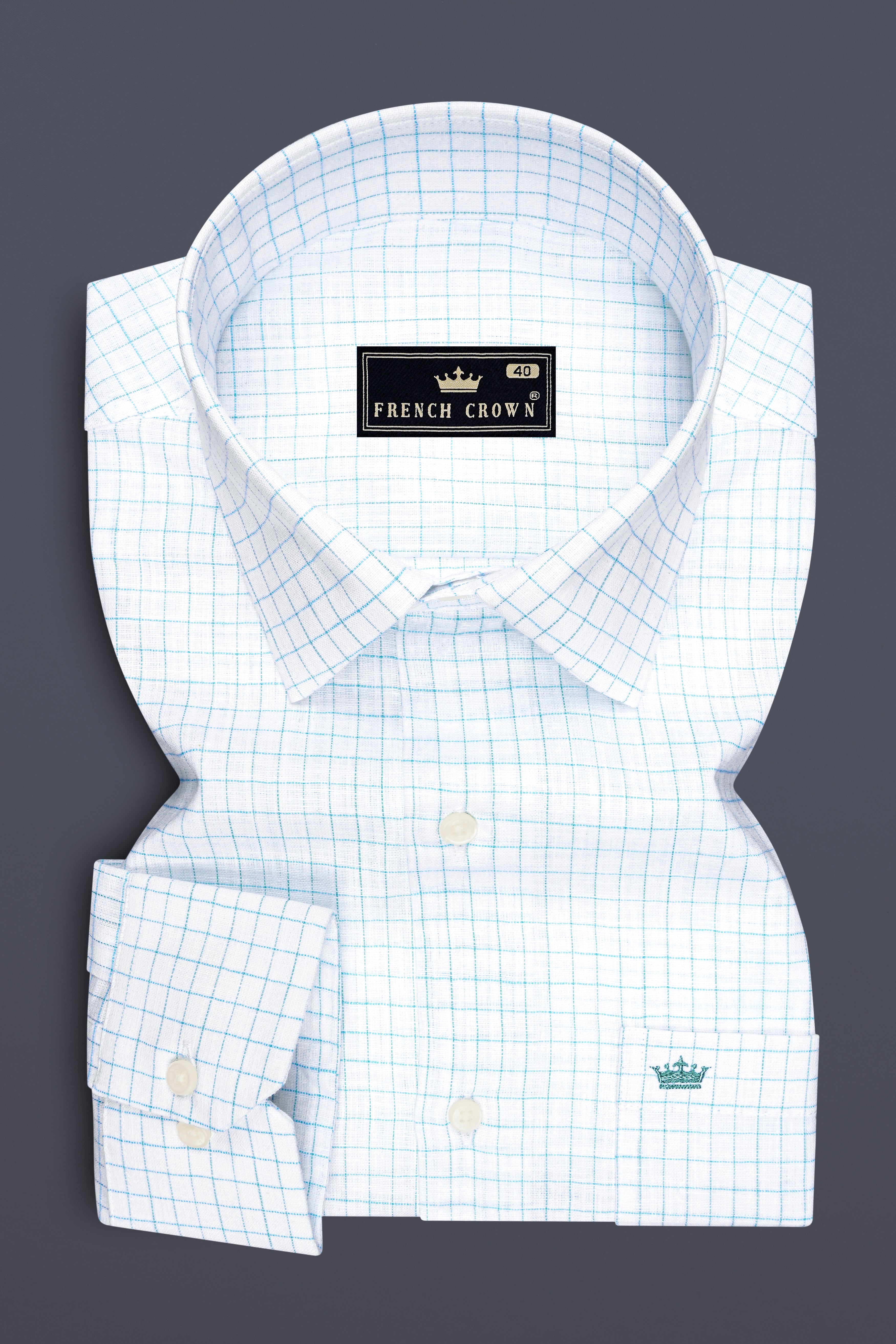 Zephyr-Bright White And Aquamarine Blue Windowpane Luxurious Linen Dress Shirt