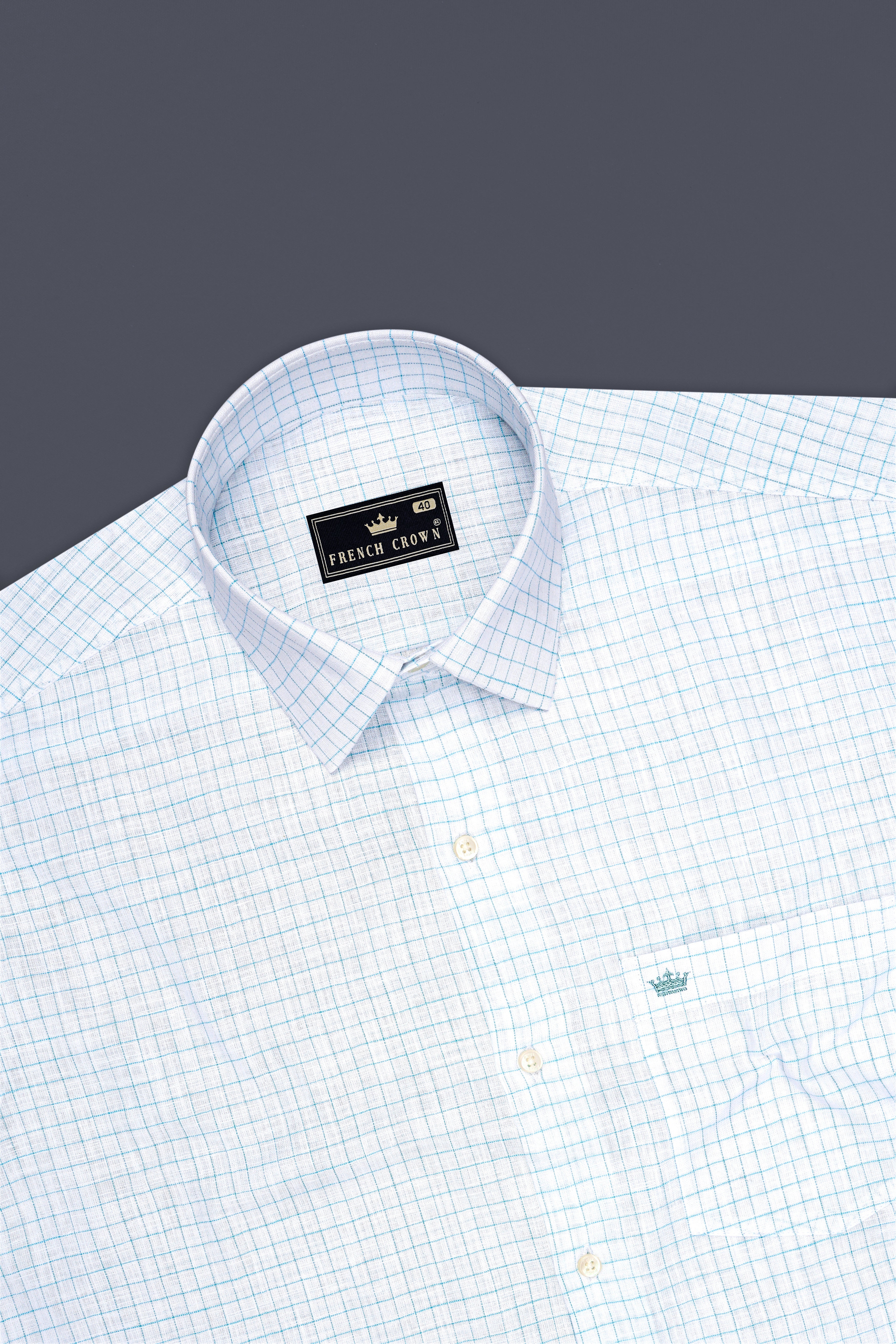 Zephyr-Bright White And Aquamarine Blue Windowpane Luxurious Linen Dress Shirt