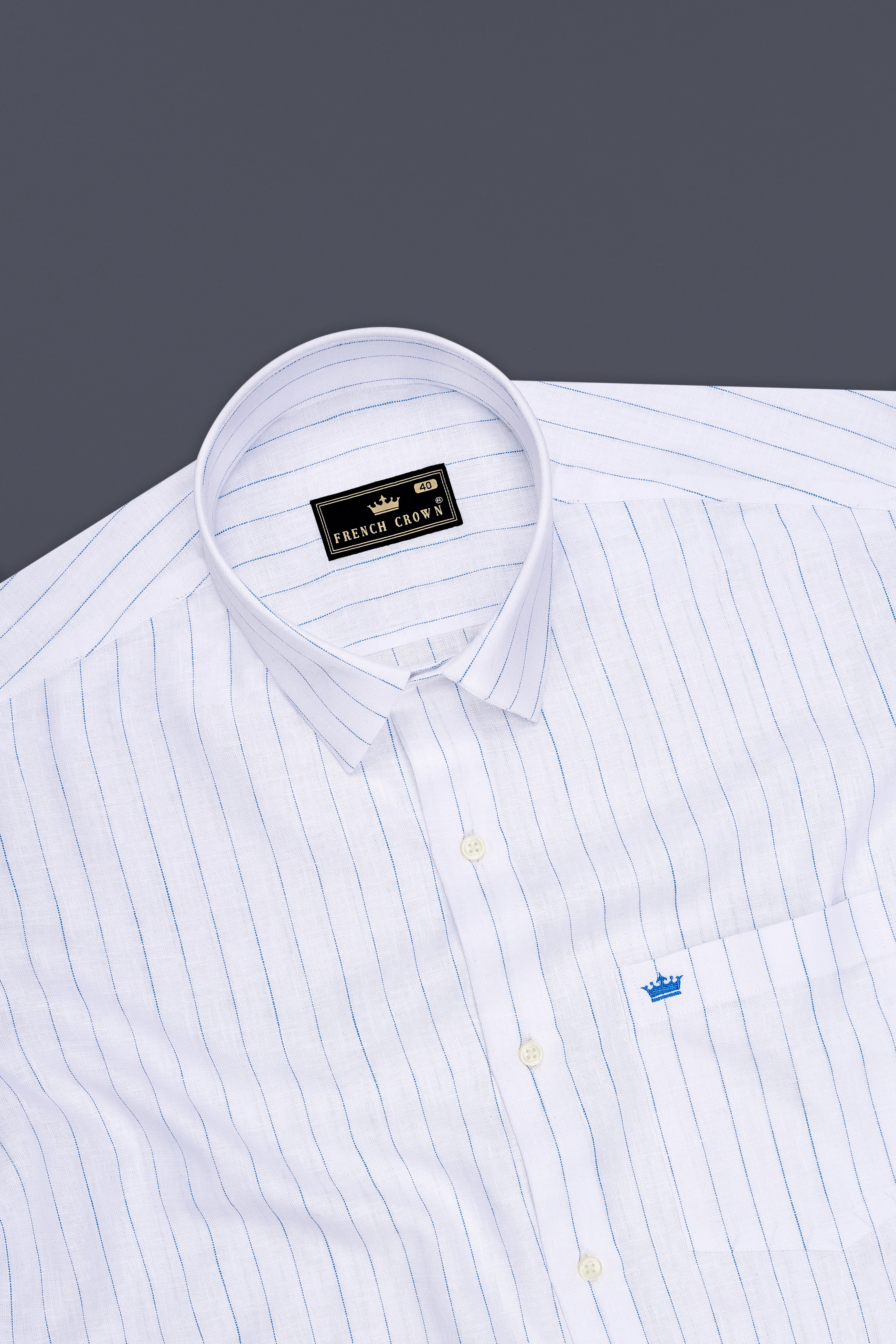 Nautica-Bright White And Mariner Blue Pin Striped 100% Pure Luxurious Linen Dress Shirt