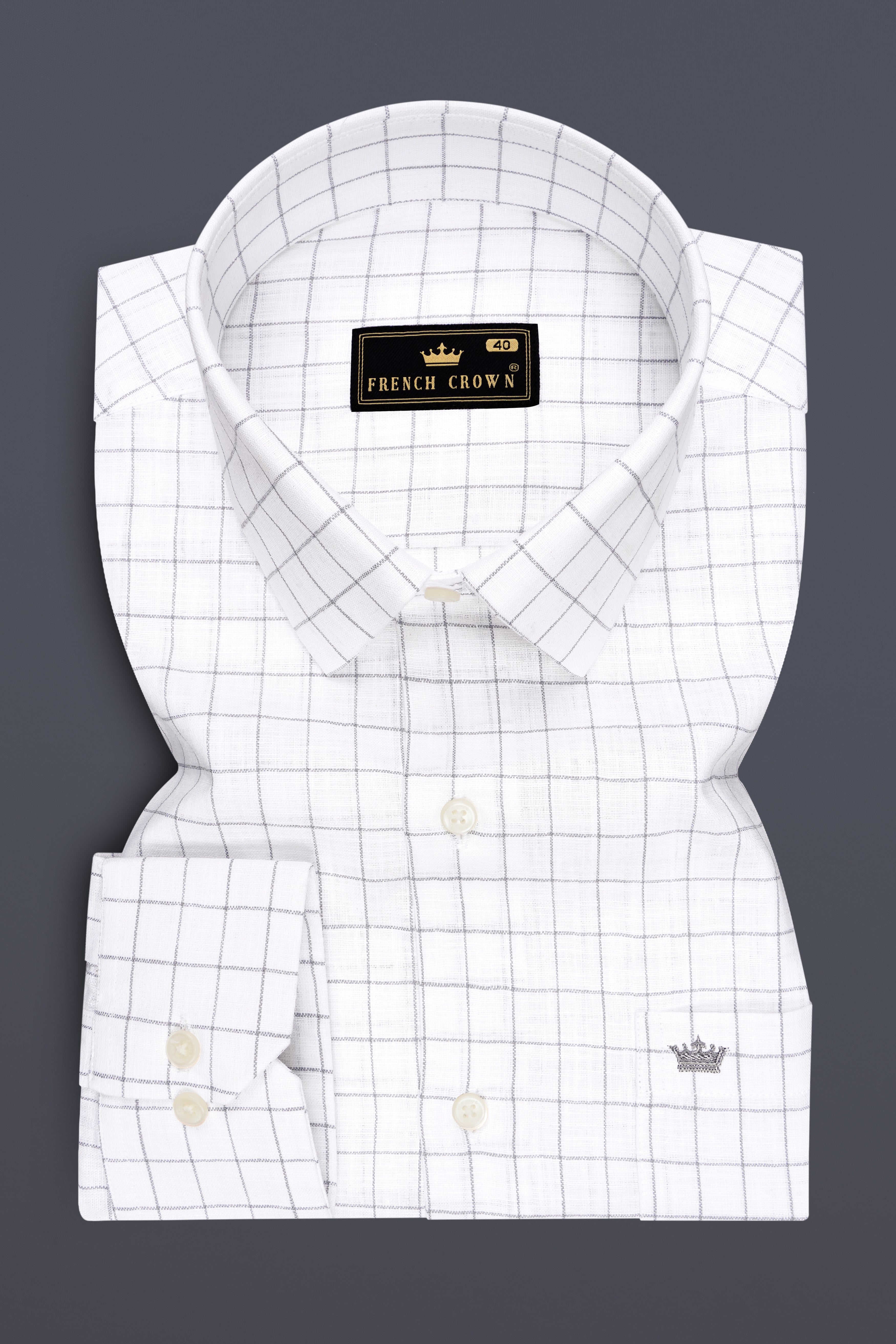 Aureum-Bright White And Bronco Gray Windowpane Luxurious Linen Dress Shirt