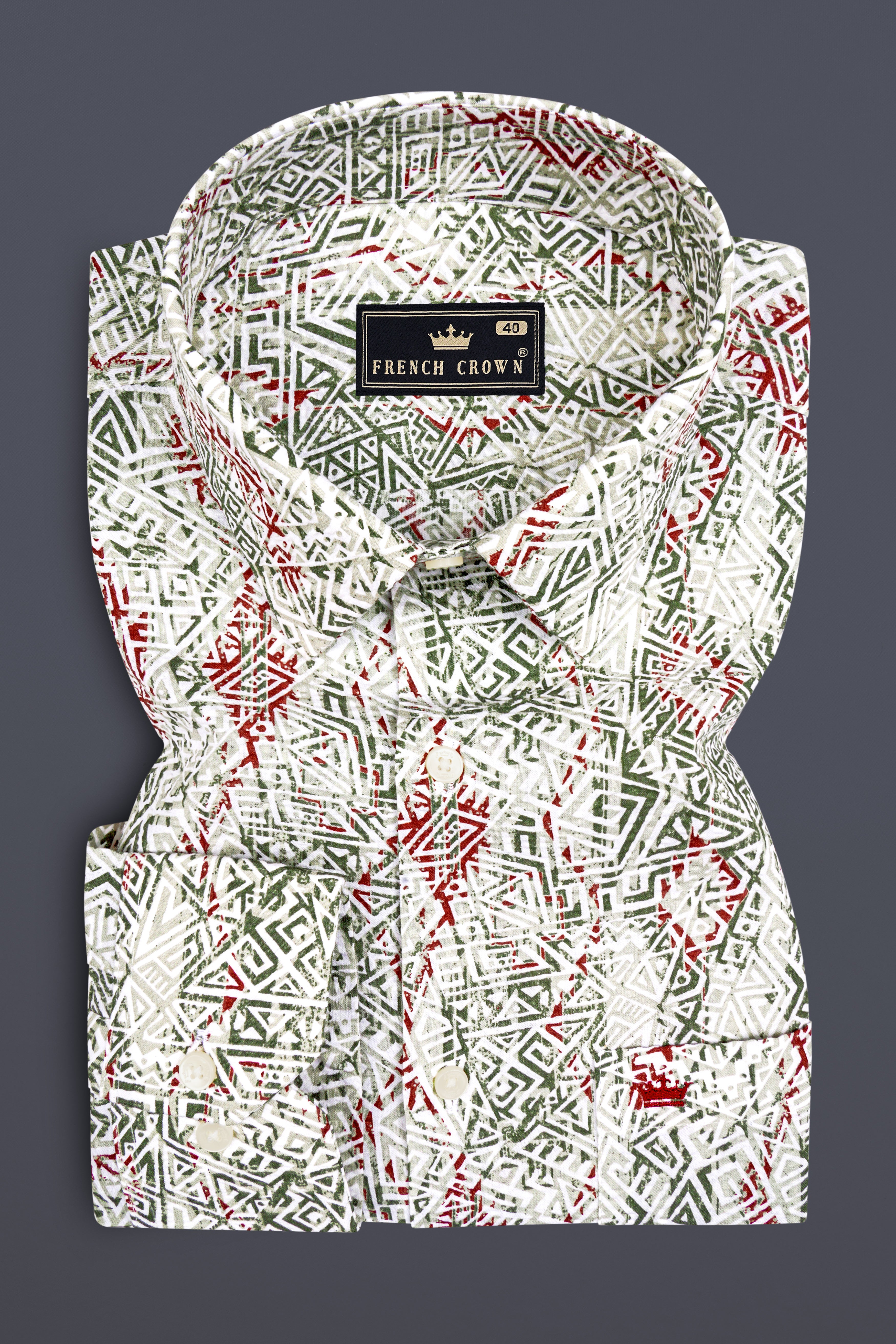 Solace-Marino Cream And Slate Green Printed Seersucker Giza Cotton Casual Shirt