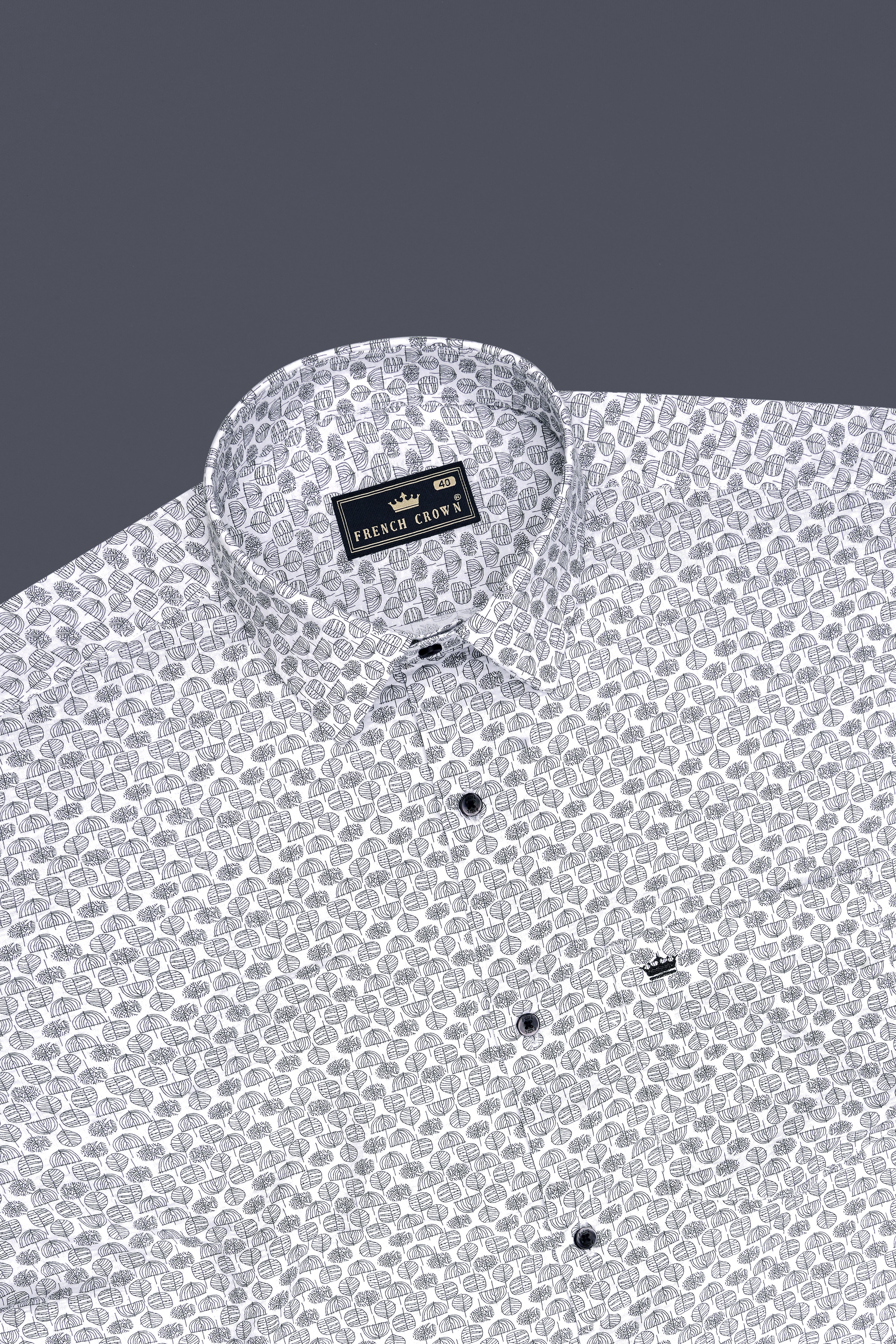 Zephyr-Bright White Leaf Motif Printed Seersucker Giza Cotton Semi Formal Shirt