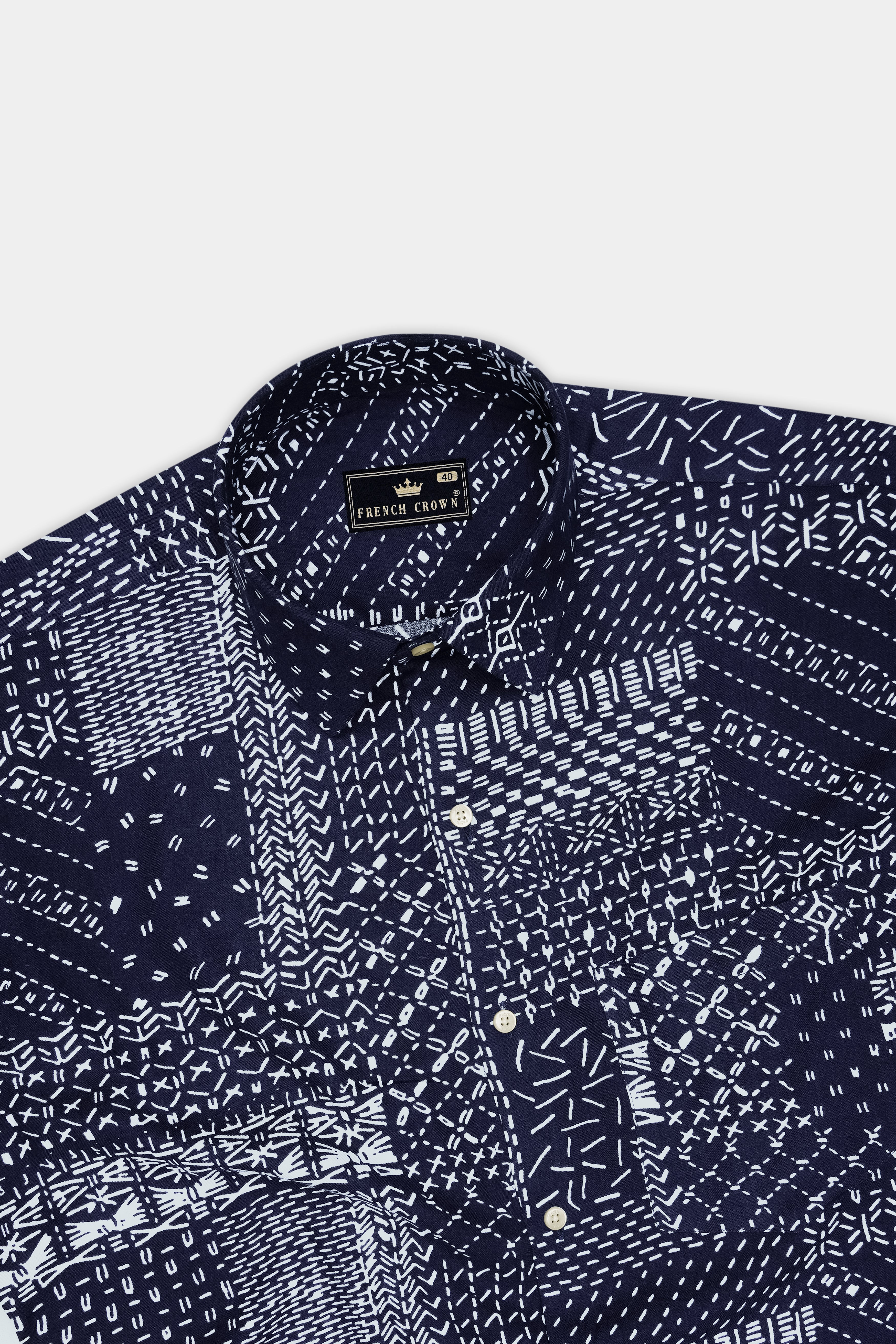 Nuru-Cinder Blue And Bright White Bogolan Printed Super Soft Tencel Casual Shirt