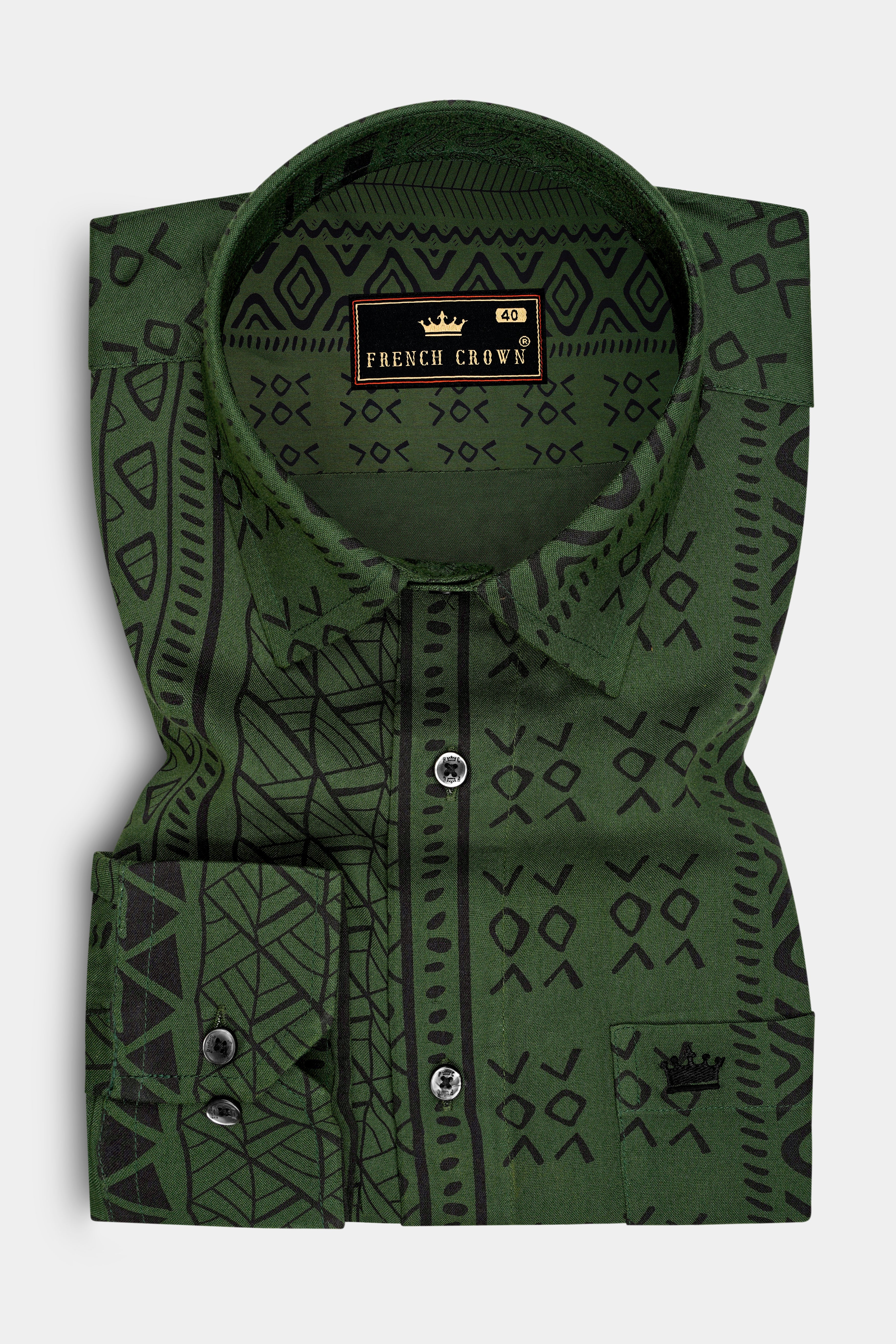 Tribe-Rifle Green Tribal Geometric Printed Super Soft Tencel Casual Shirt