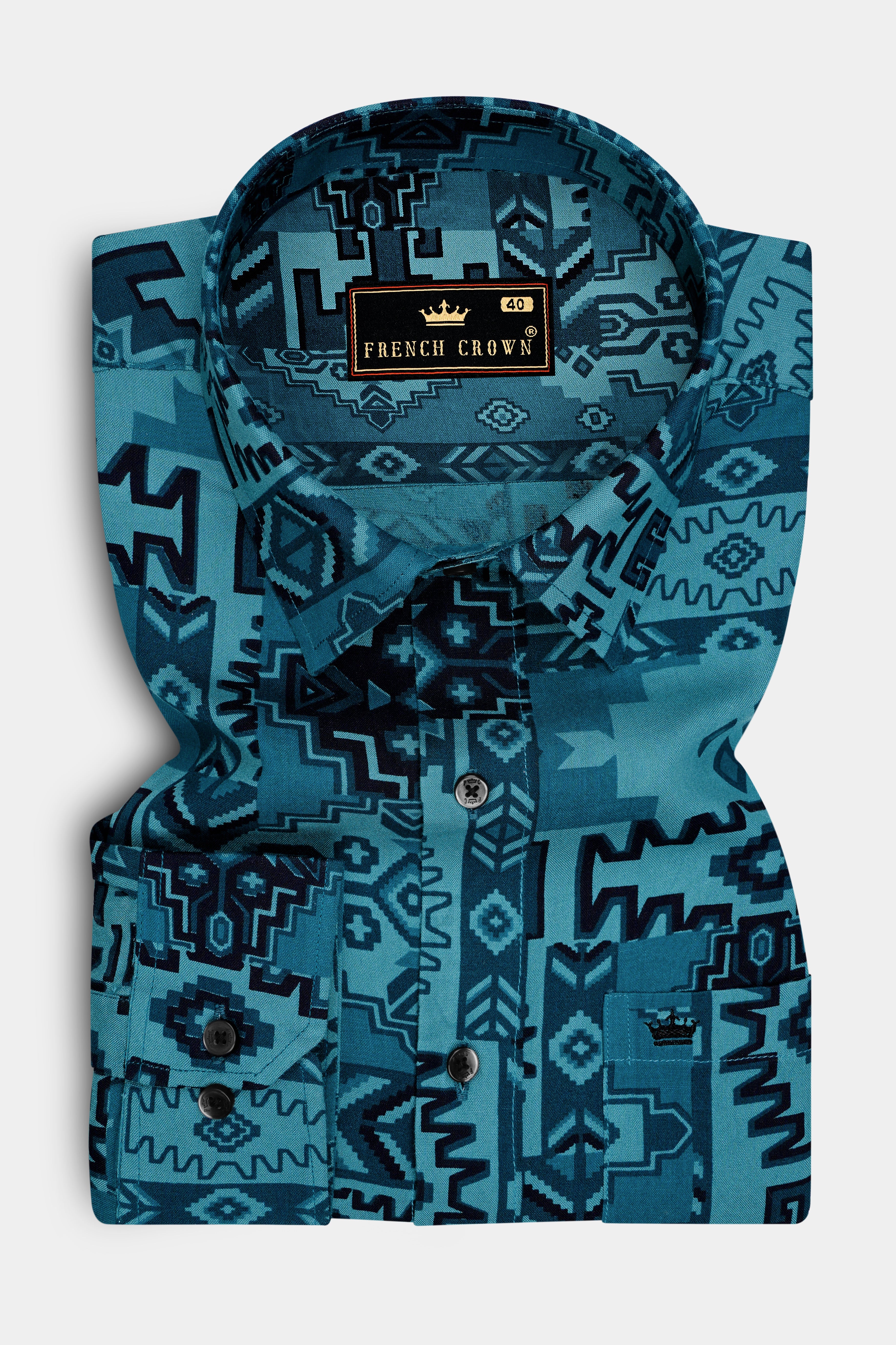 Vento-Chathams Blue Aztec Printed Super Soft Tencel Casual Shirt