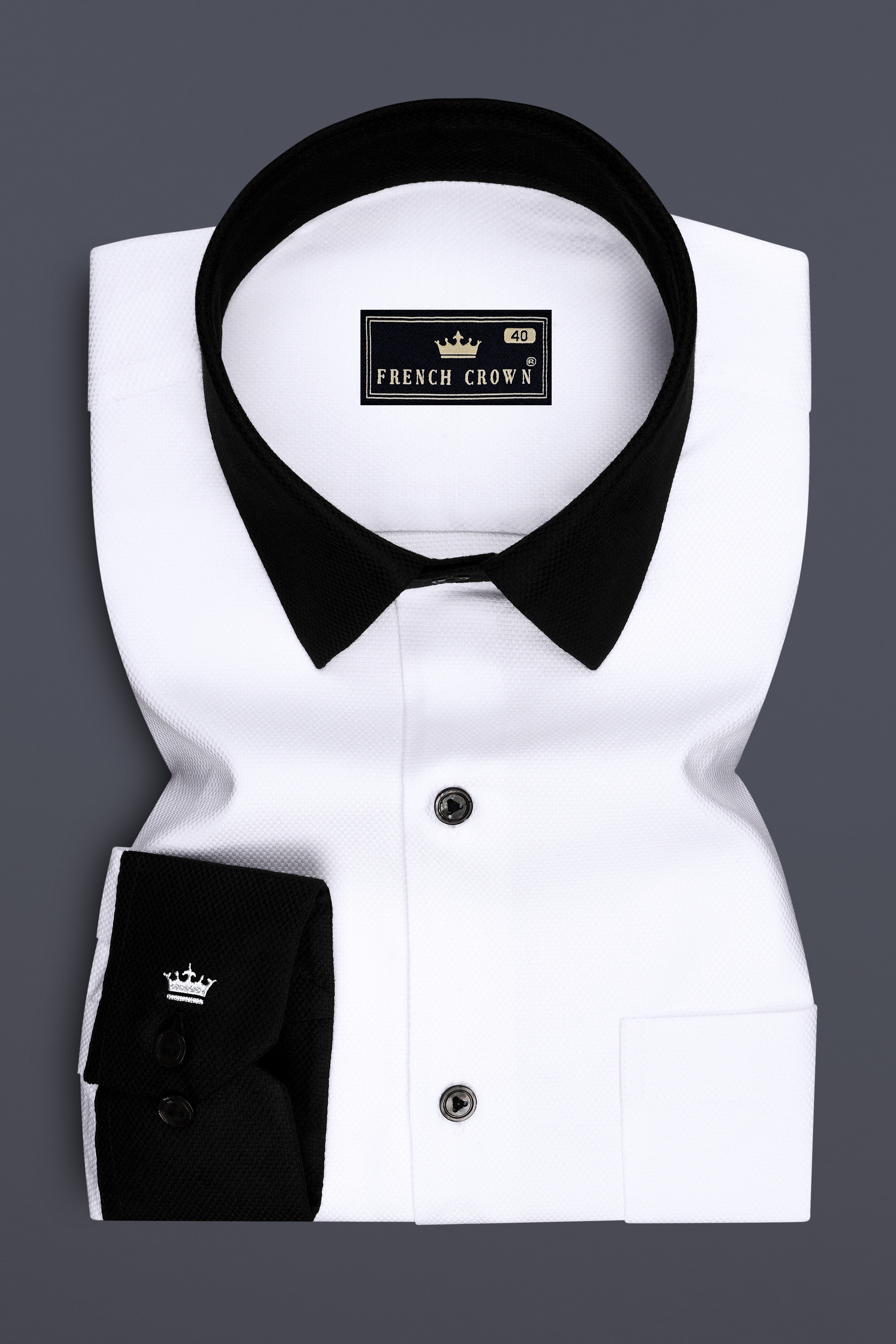 Eminence-Bright White Dobby Textured Premium Giza Cotton Black Cuff Collar Dress Shirt