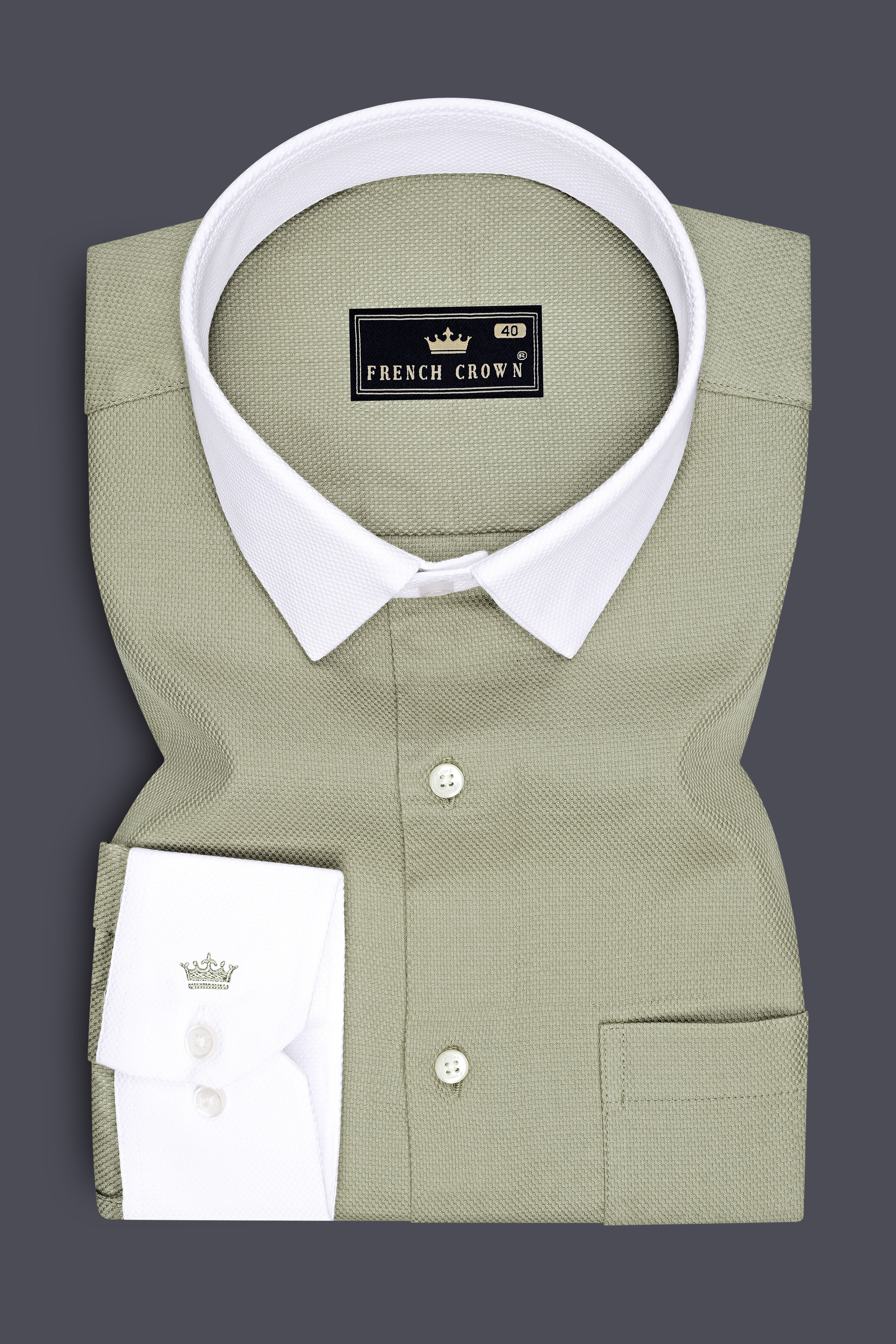 Viridian-Bitter Green Dobby Textured Premium Giza Cotton White Cuff Collar Dress Shirt