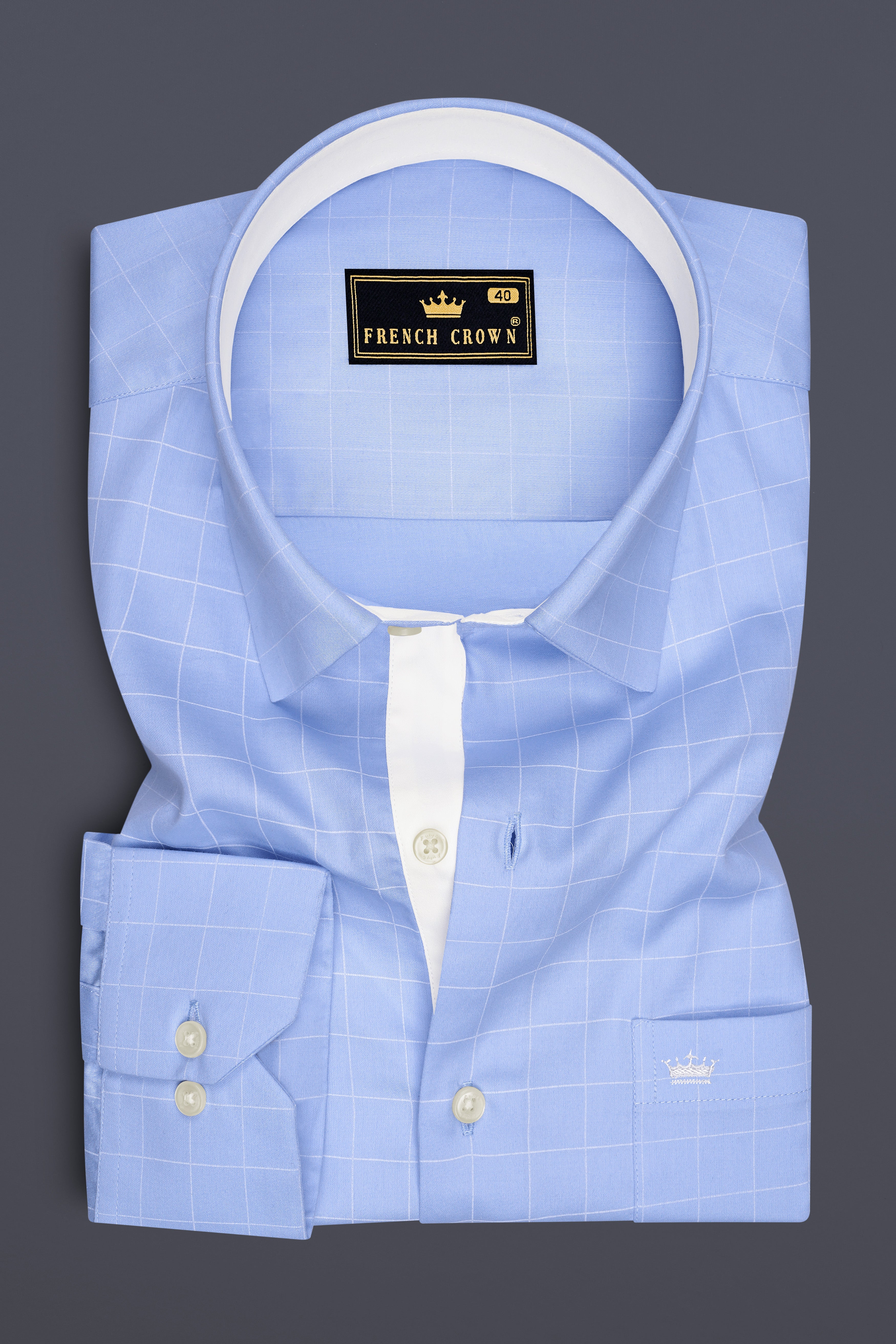 Aether-Cloudy Blue And Bright White Windowpane Subtle Sheen Soft Premium Cotton Dress Shirt