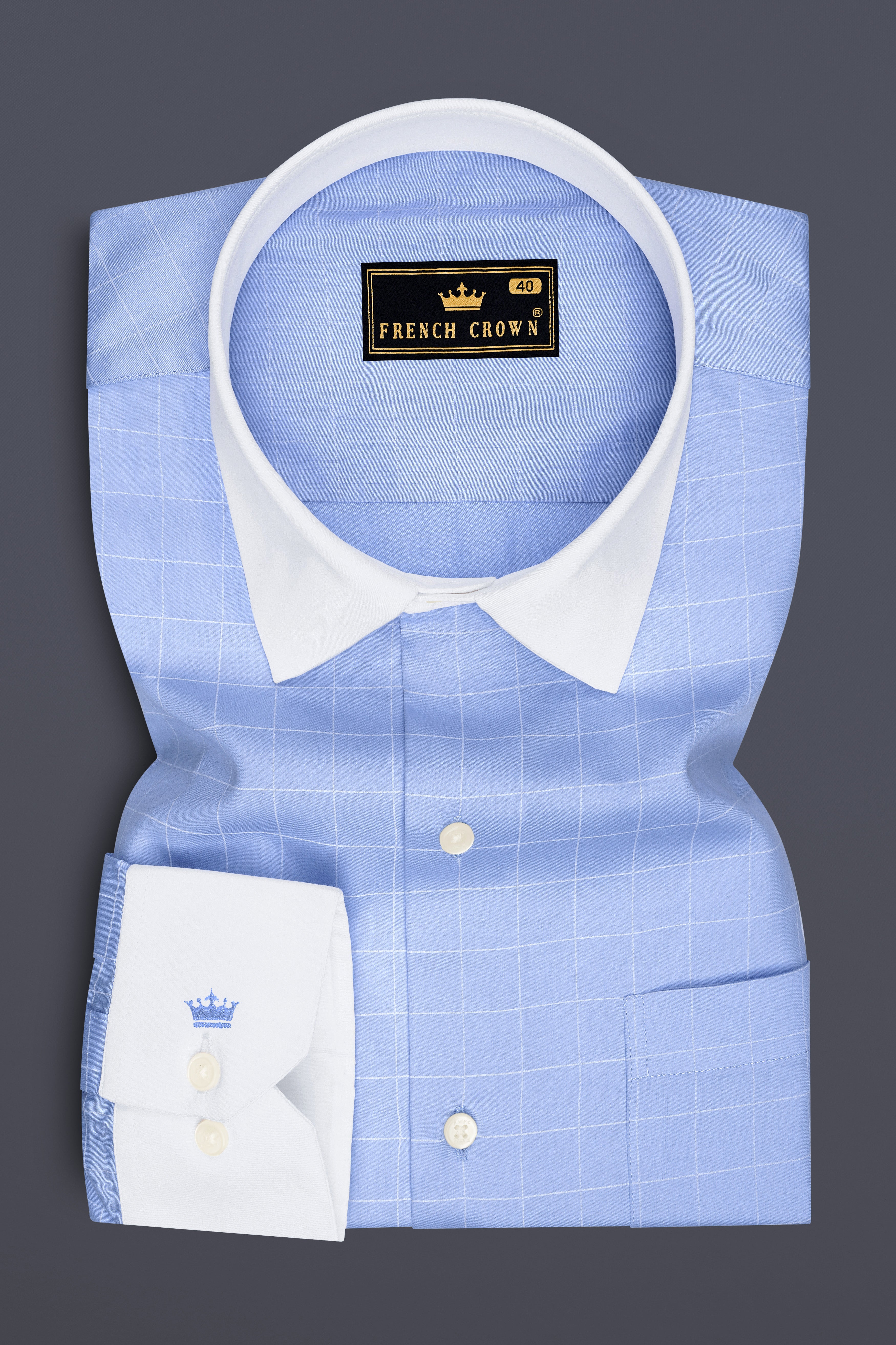 Aether-Cloudy Blue And Bright White Windowpane Subtle Sheen Super Soft Premium Cotton White Cuff Collar Dress Shirt