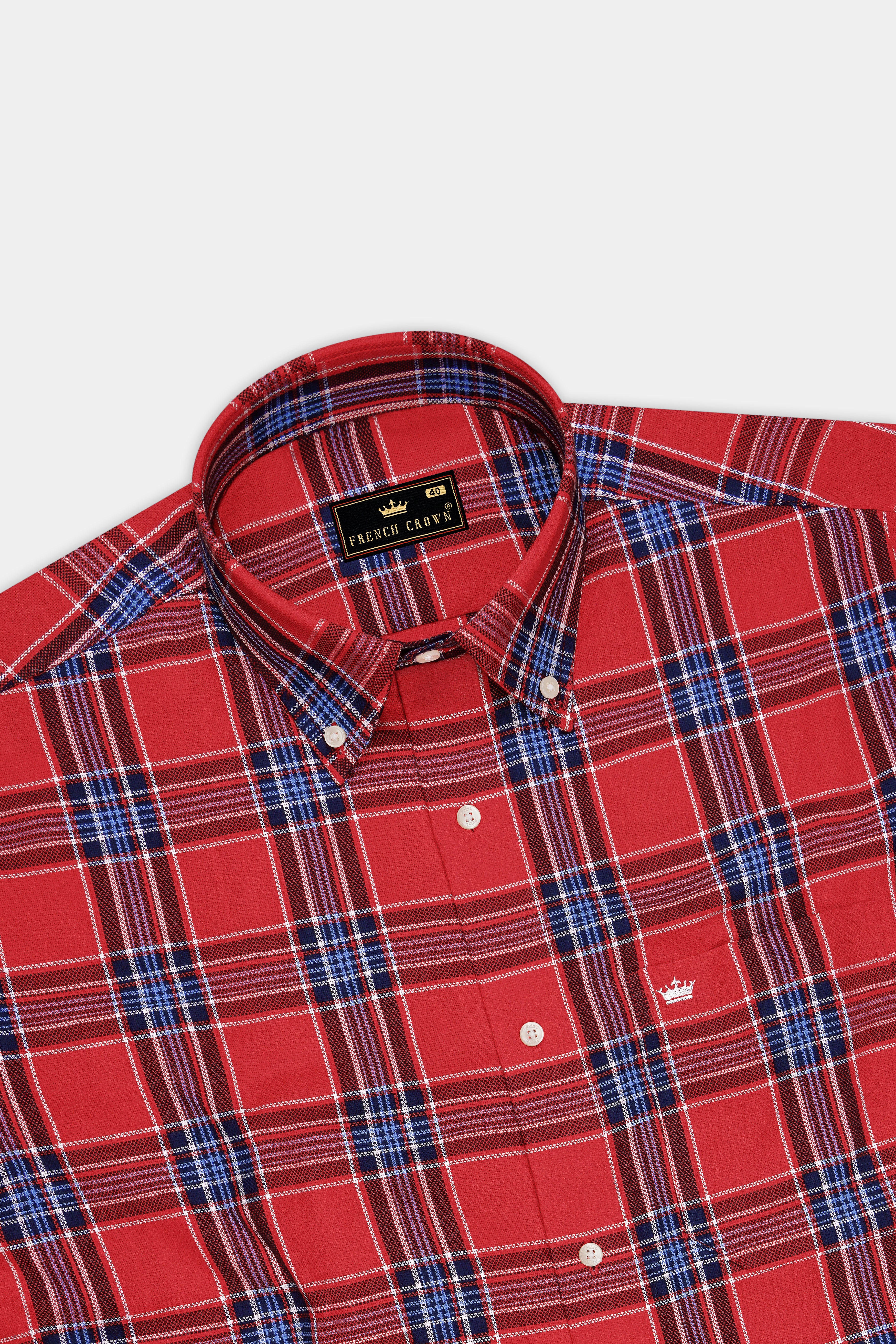 Rovelle-Valencia Red And Chambray Blue Plaid Dobby Premium Giza Cotton Casual Shirt