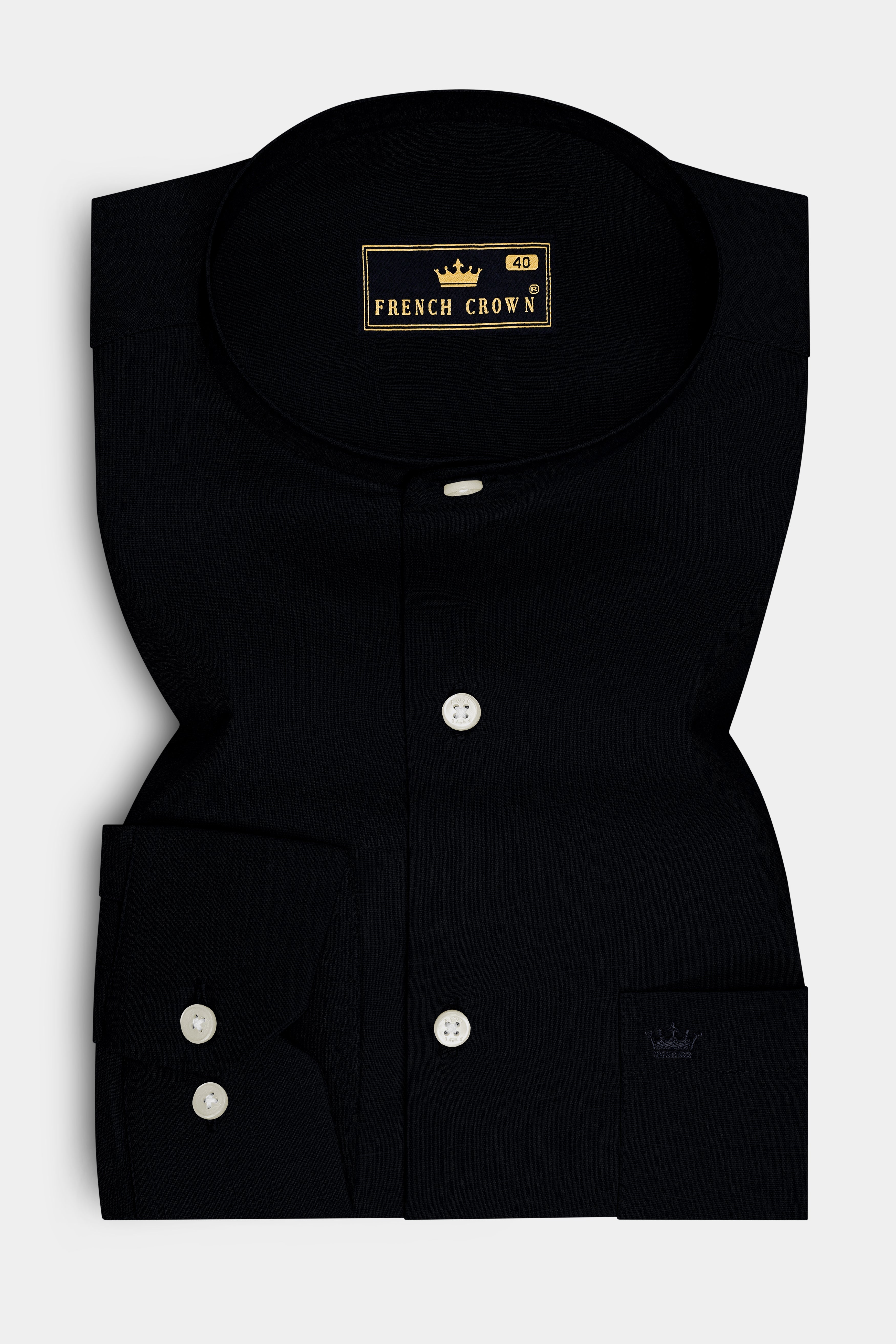 Vantor-Jade Black Luxurious Linen Mandarin Dress Shirt