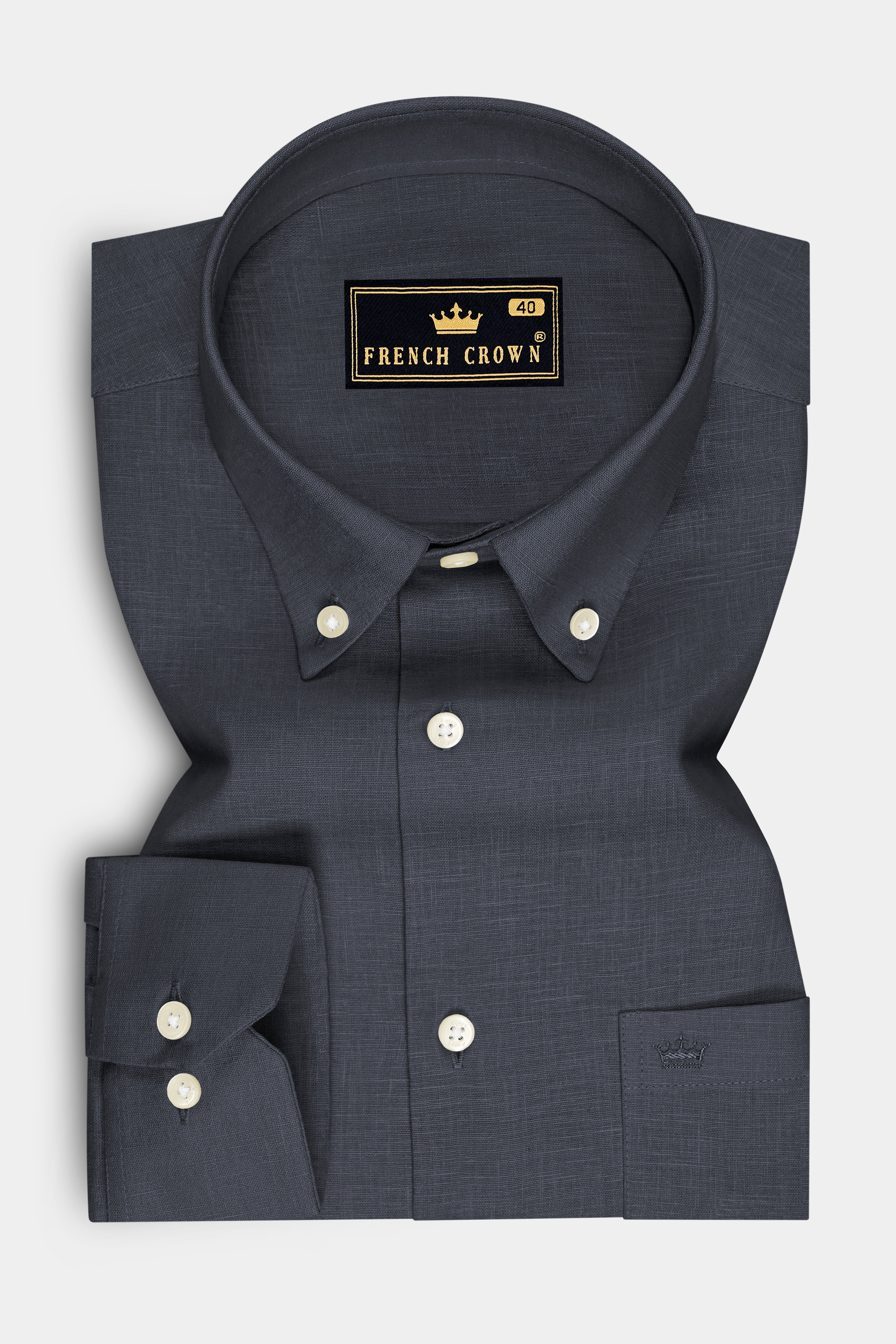 Obsidian-Charcoal Gray Luxurious Linen Button Down Dress Shirt