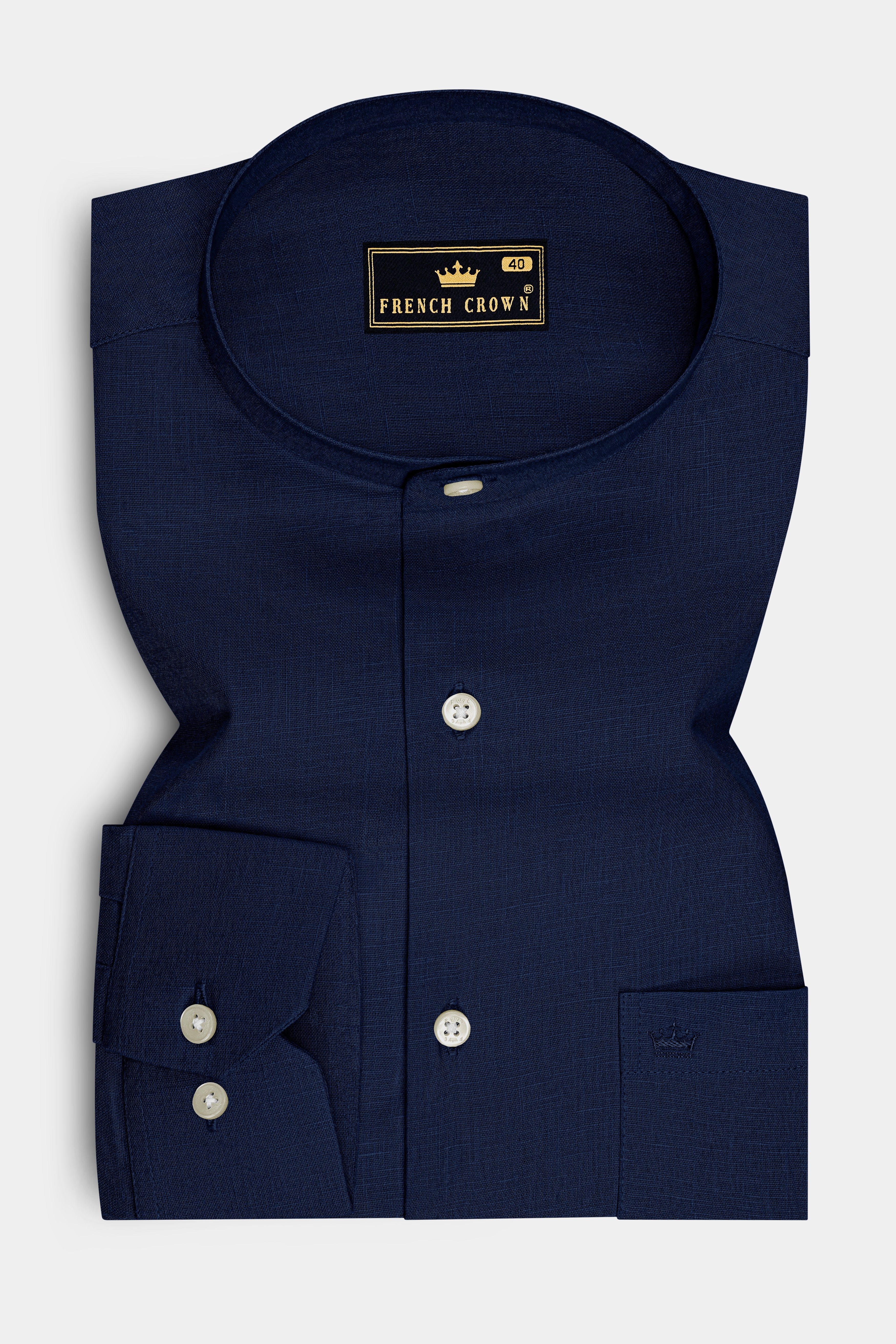 Cobalt-Midnight Blue Luxurious Linen Mandarin Dress Shirt