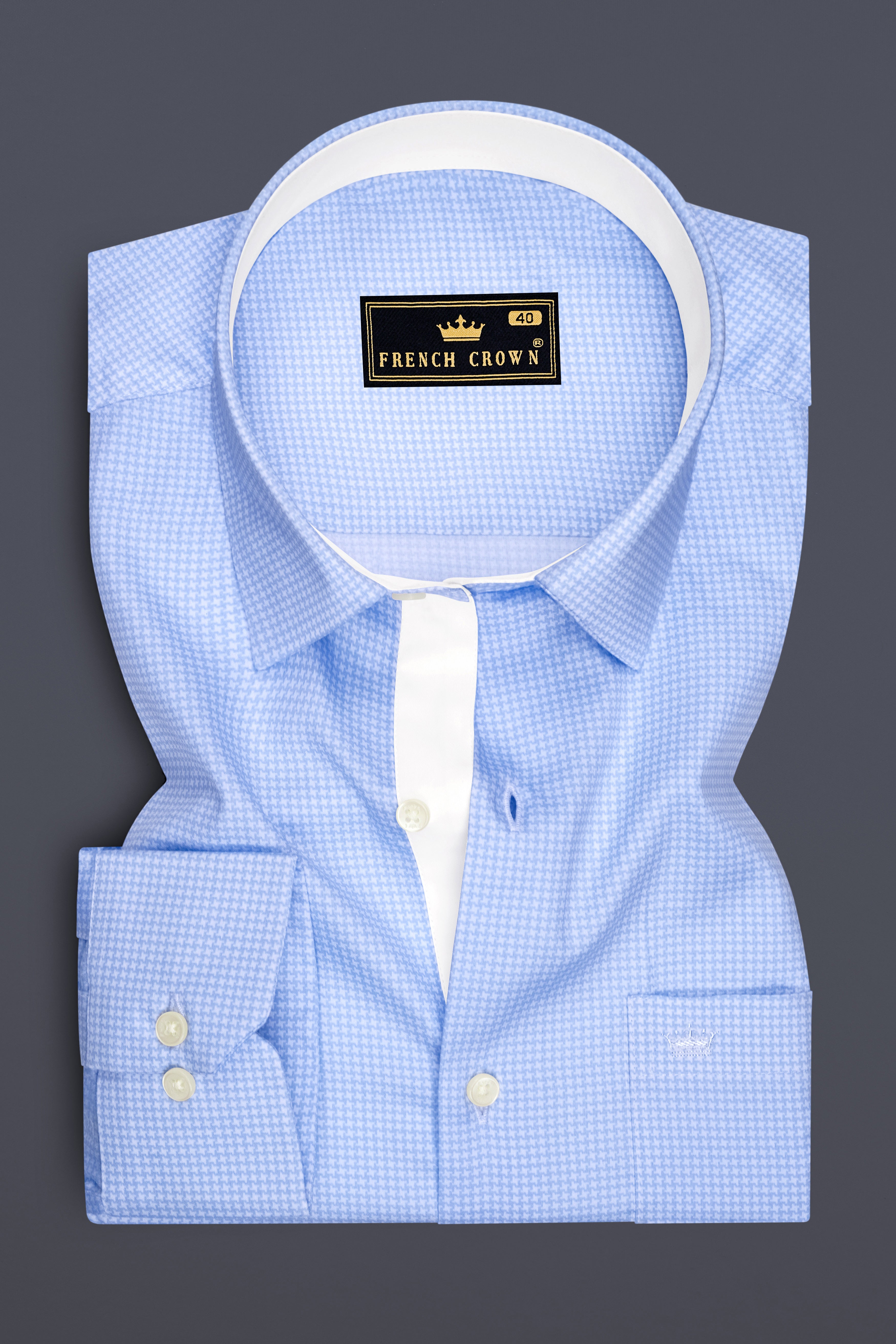 Vireo-Carolina Blue Houndstooth Printed Subtle Sheen Soft Premium Cotton Dress Shirt
