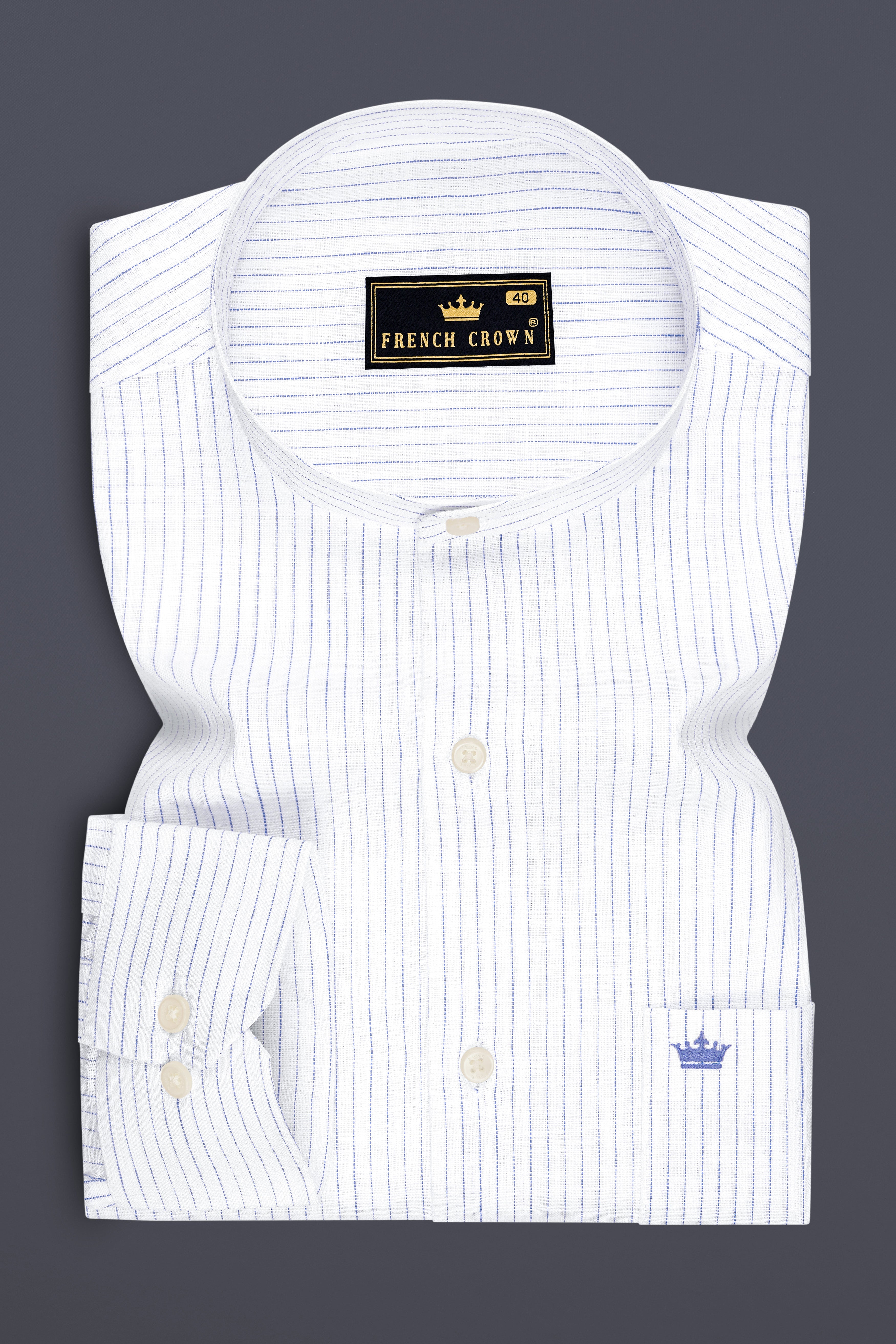 Sailor-Bright White And Portage Blue Pin Striped Luxurious Linen Mandarin Casual Shirt