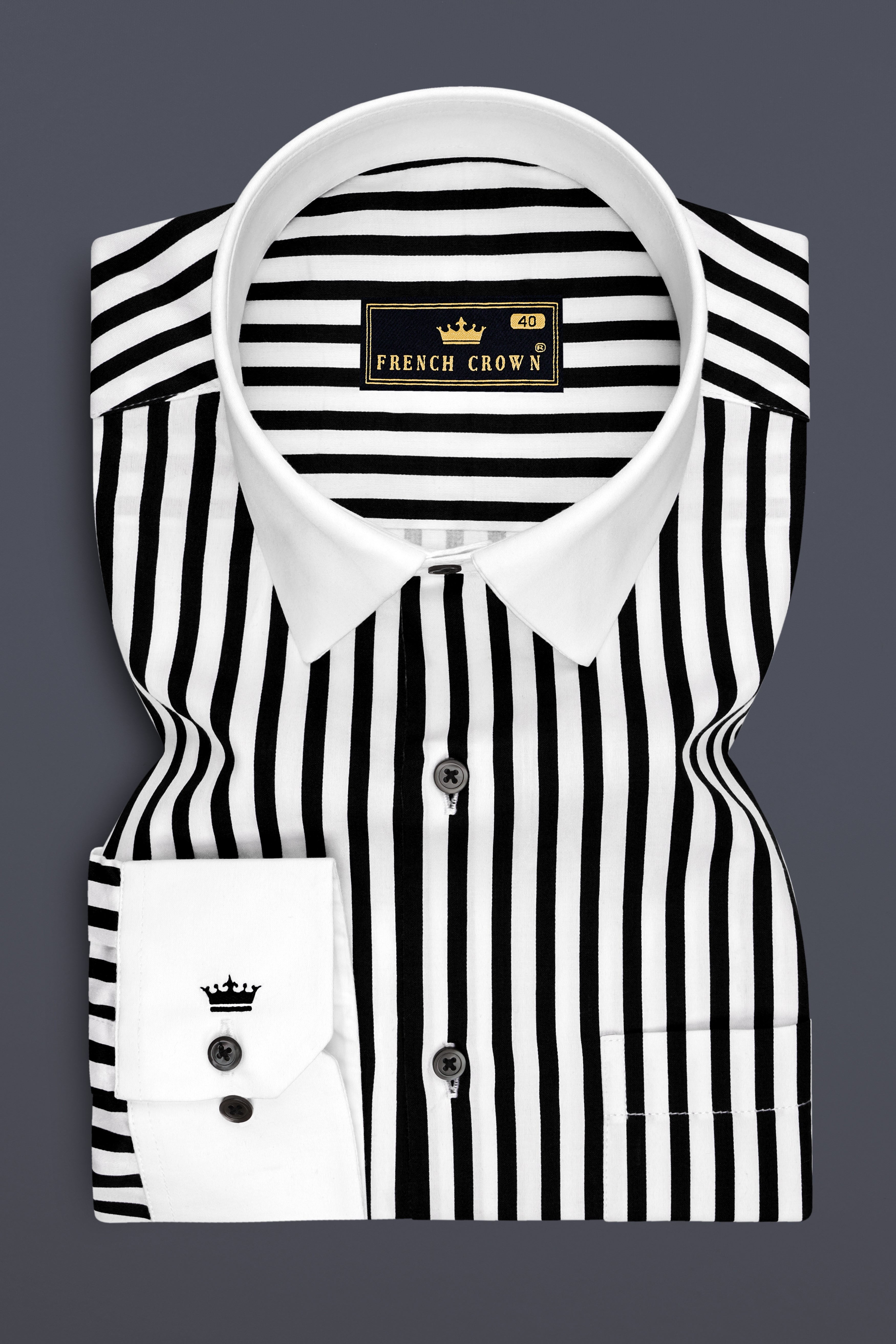 Regalis-Jade Black And Bright White Candy Striped Subtle Sheen Soft Premium Cotton White Cuff Collar Dress Shirt