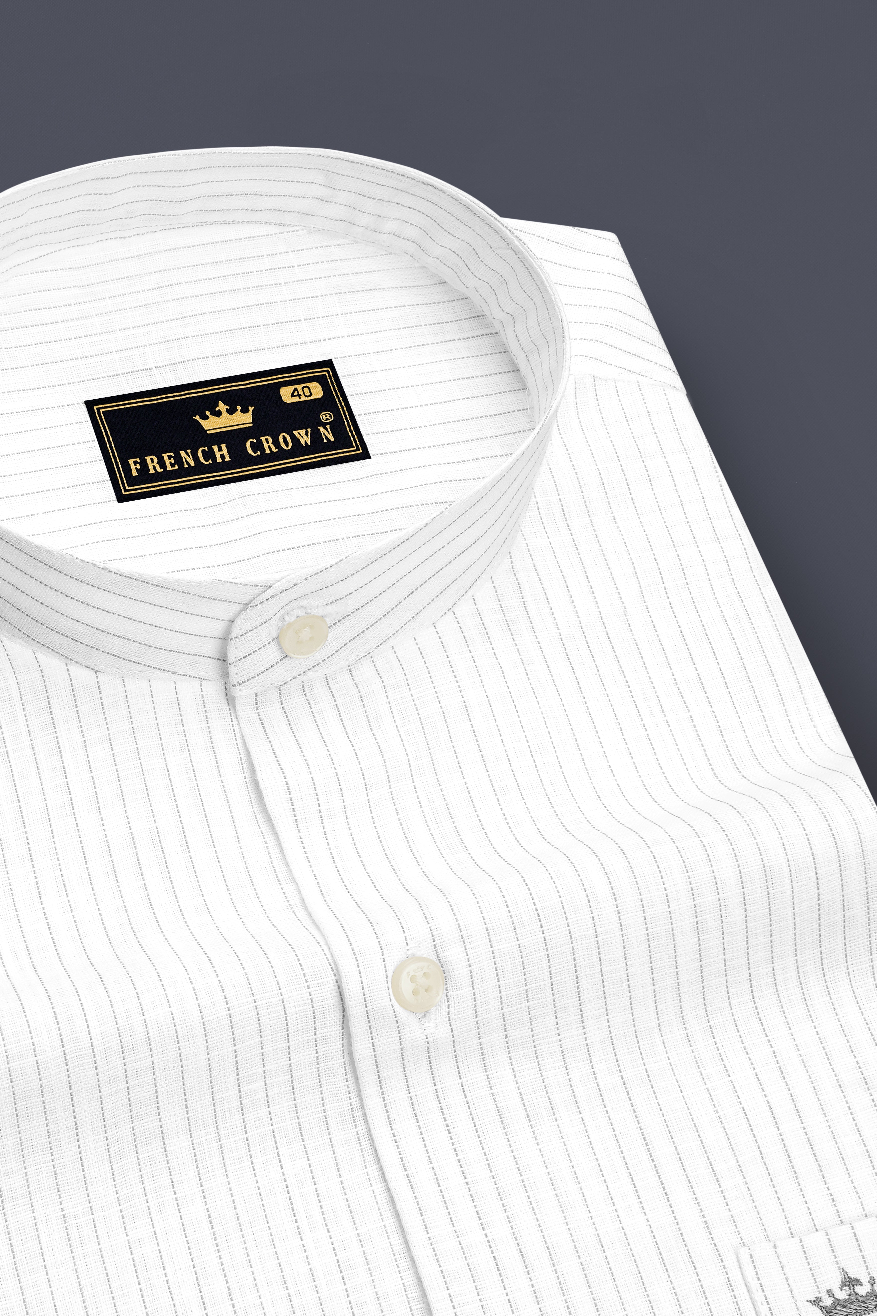 Poise-Bright White And Chalice Gray Pin Striped Luxurious Linen Mandarin Casual Shirt