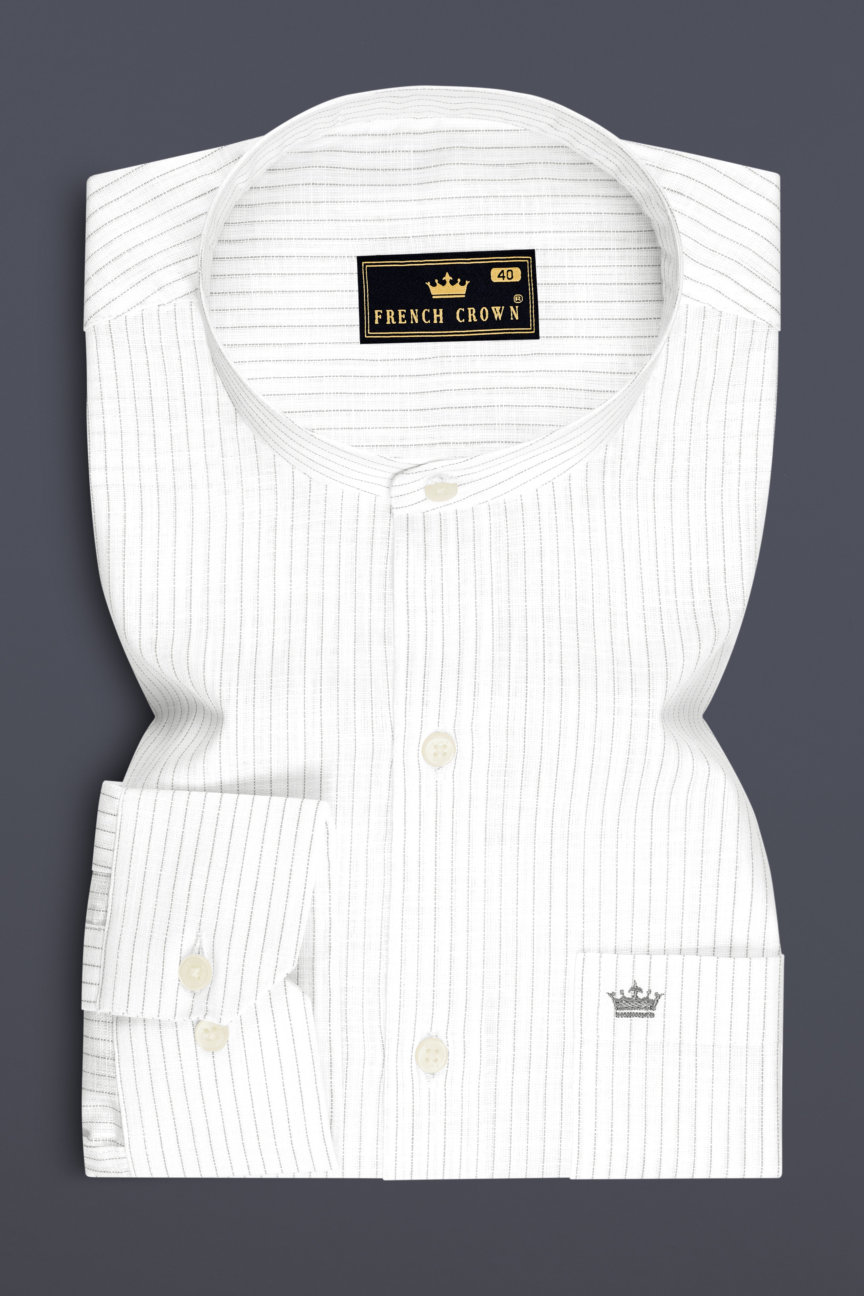 Poise-Bright White And Chalice Gray Pin Striped Luxurious Linen Mandarin Casual Shirt