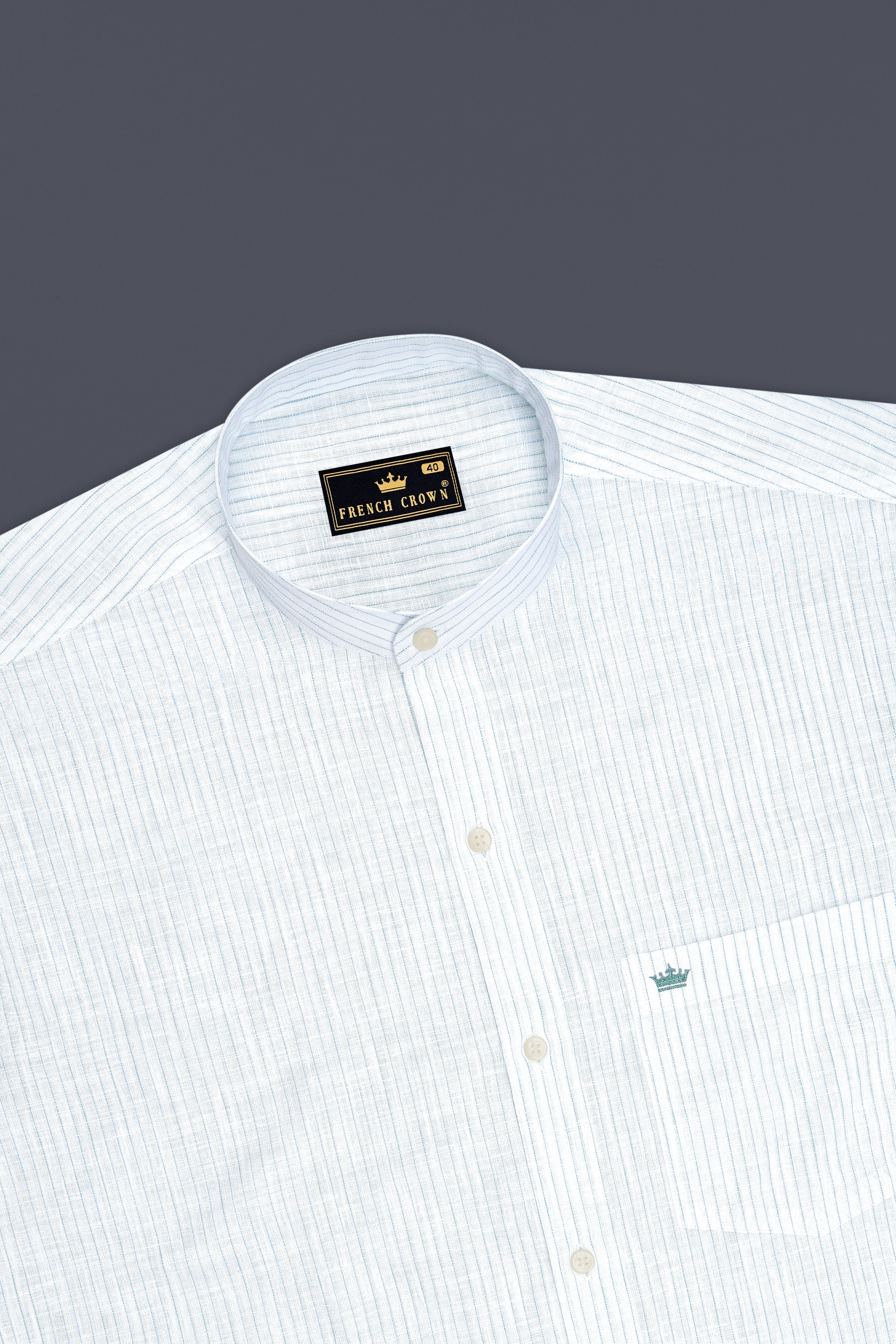 Marina-Bright White And Turquoise Blue Pin Striped Luxurious Linen Mandarin Casual Shirt