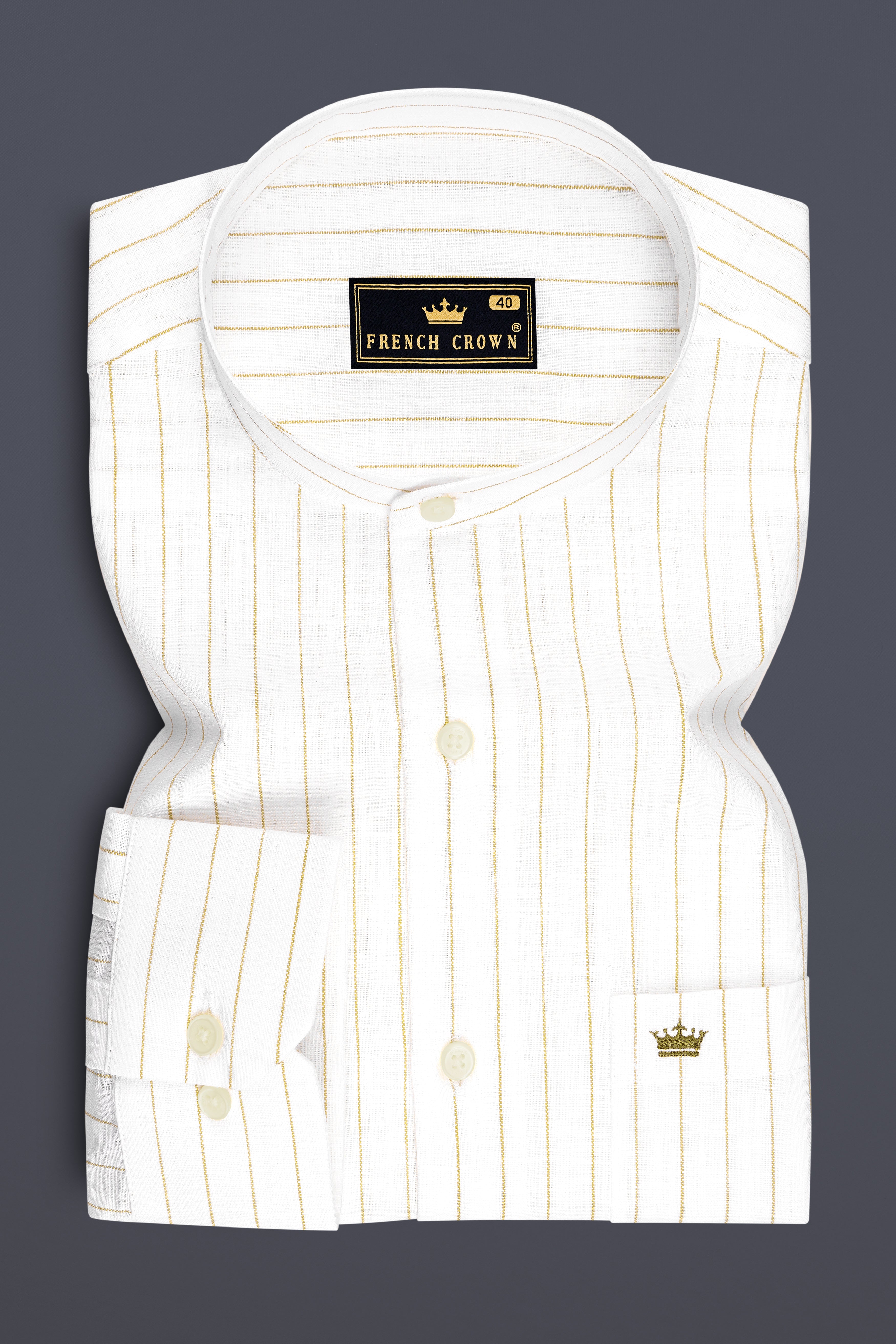 Marlow-Bright White And Sorrell Brown Pin Striped Luxurious Linen Mandarin Casual Shirt