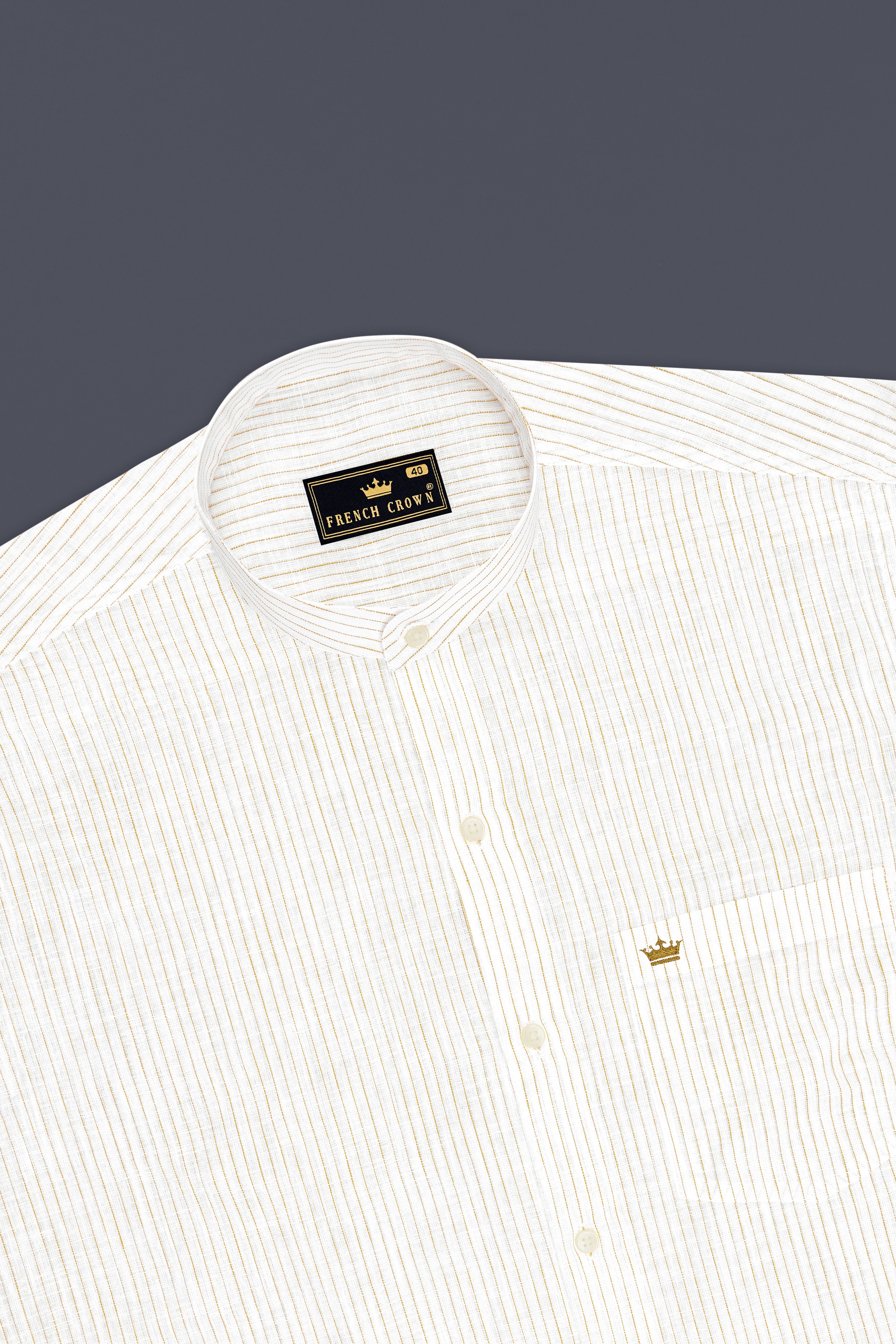 Oasis-Bright White And Sandy Brown Pin Striped Luxurious Linen Mandarin Casual Shirt