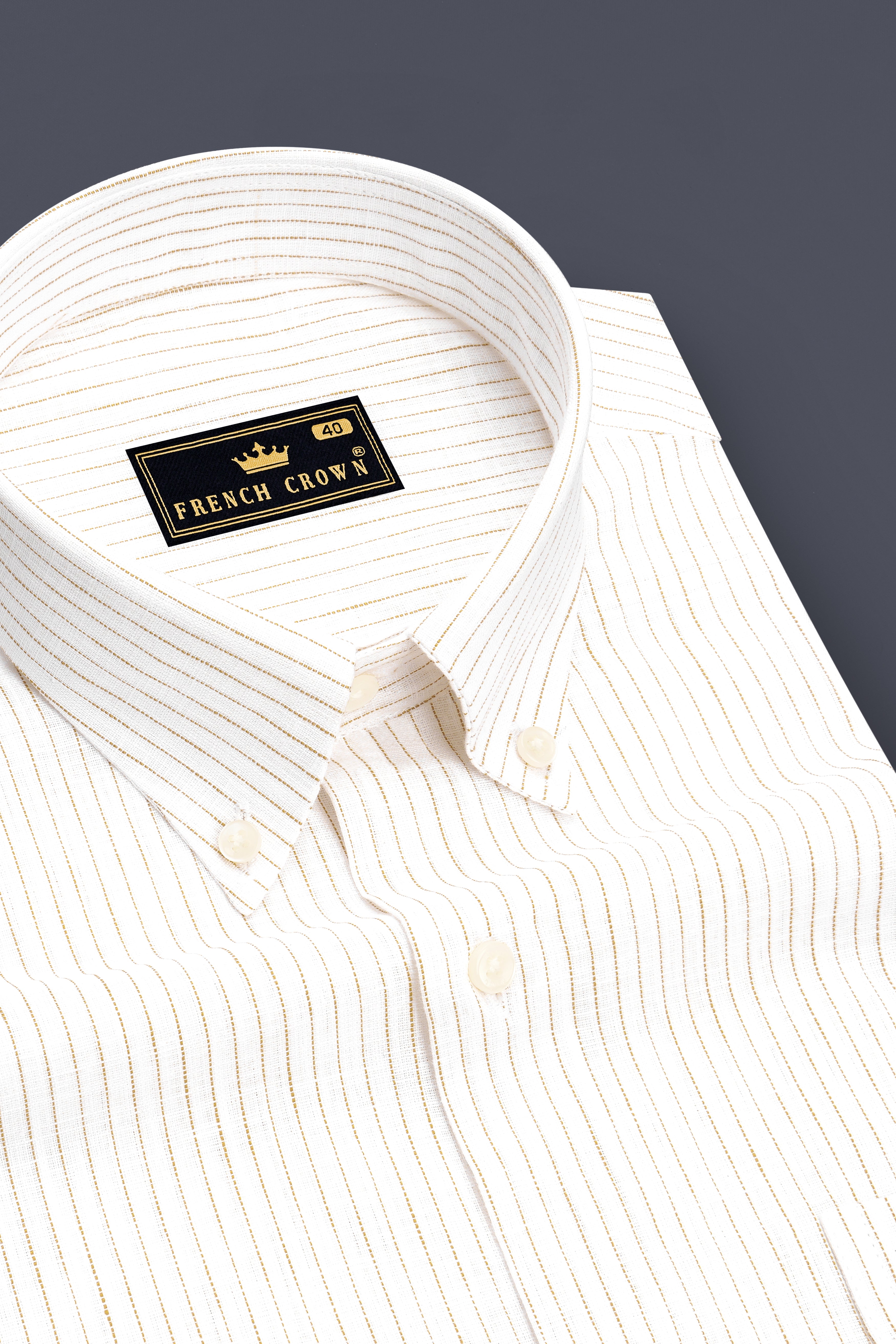 Oasis-Bright White And Sandy Brown Pin Striped Luxurious Linen Button Down Dress Shirt