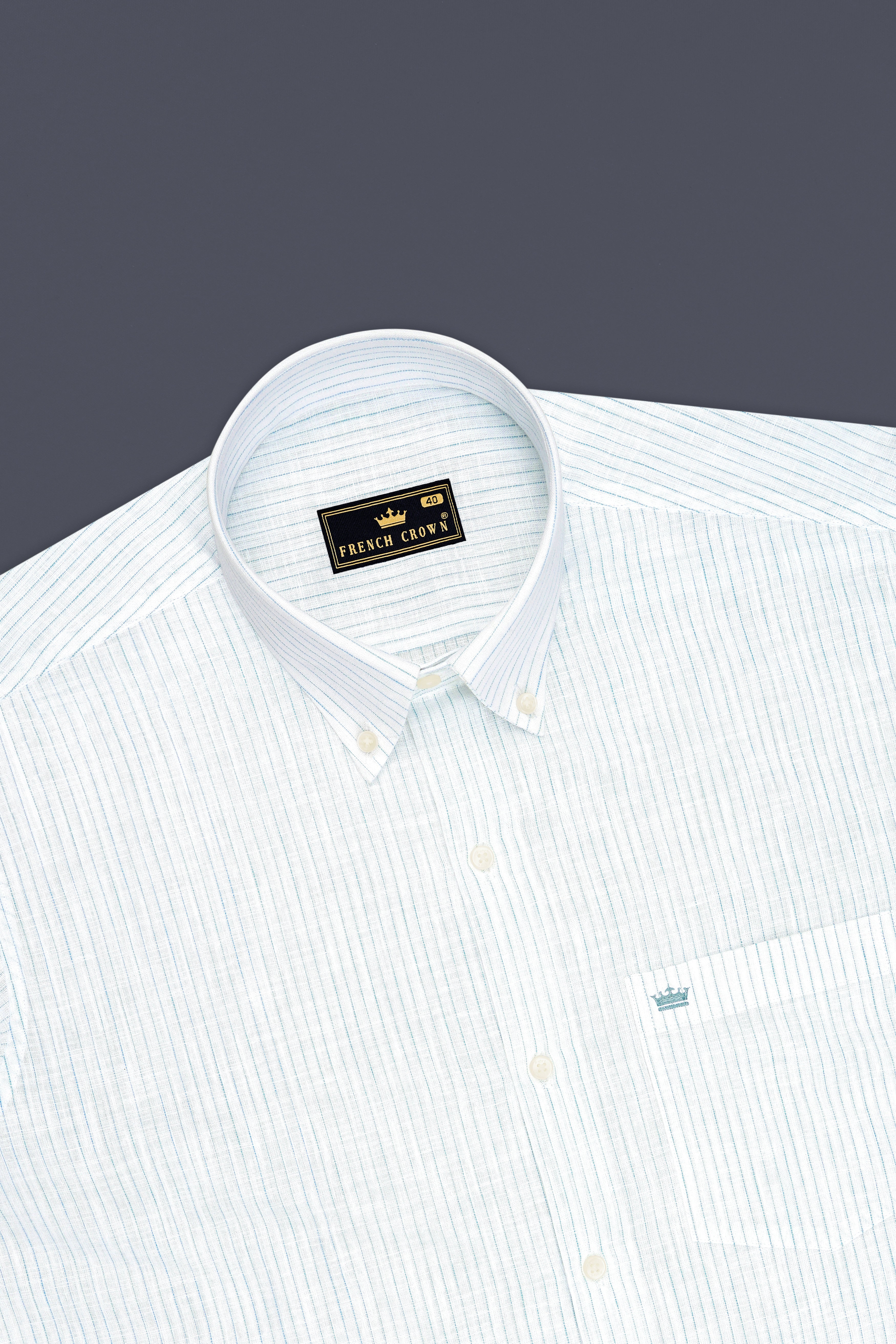 Marina-Bright White And Turquoise Blue Pin Striped Luxurious Linen Button Down Dress Shirt
