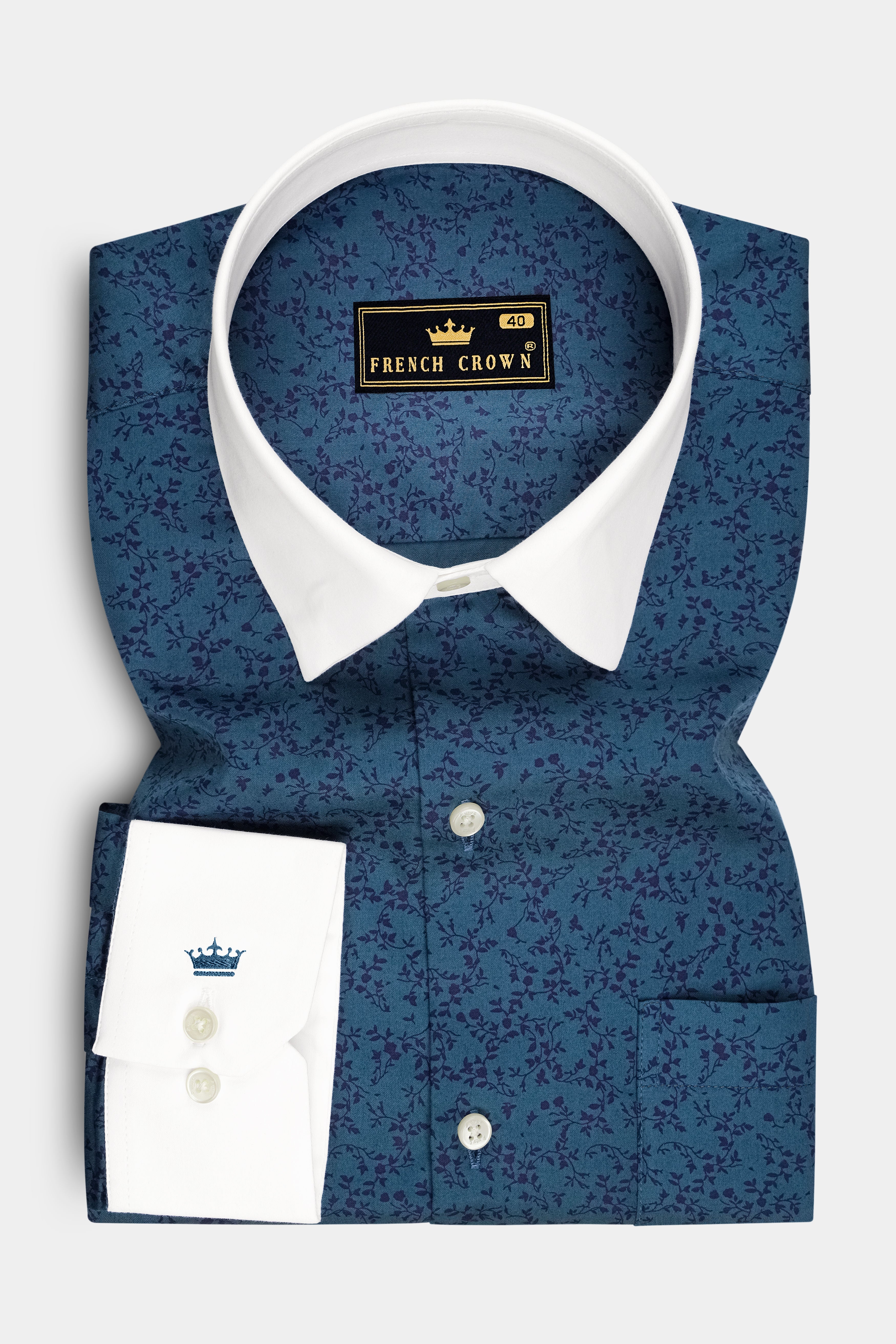 Virelle-Pickled Blue Floral Vine Printed Subtle Sheen Soft Premium Cotton White Cuff Collar Dress Shirt