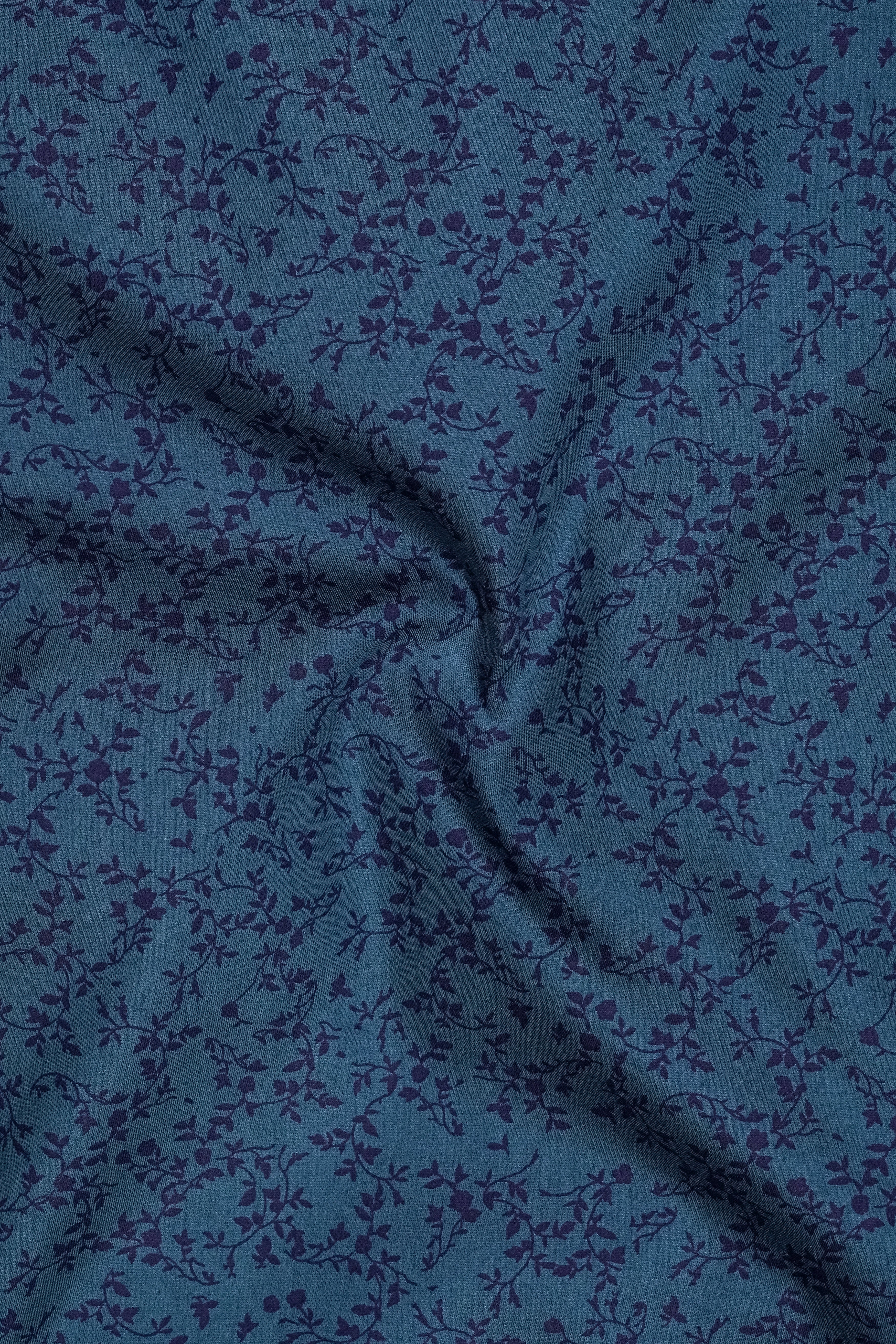 Virelle-Pickled Blue Floral Vine Printed Subtle Sheen Soft Premium Cotton White Cuff Collar Dress Shirt