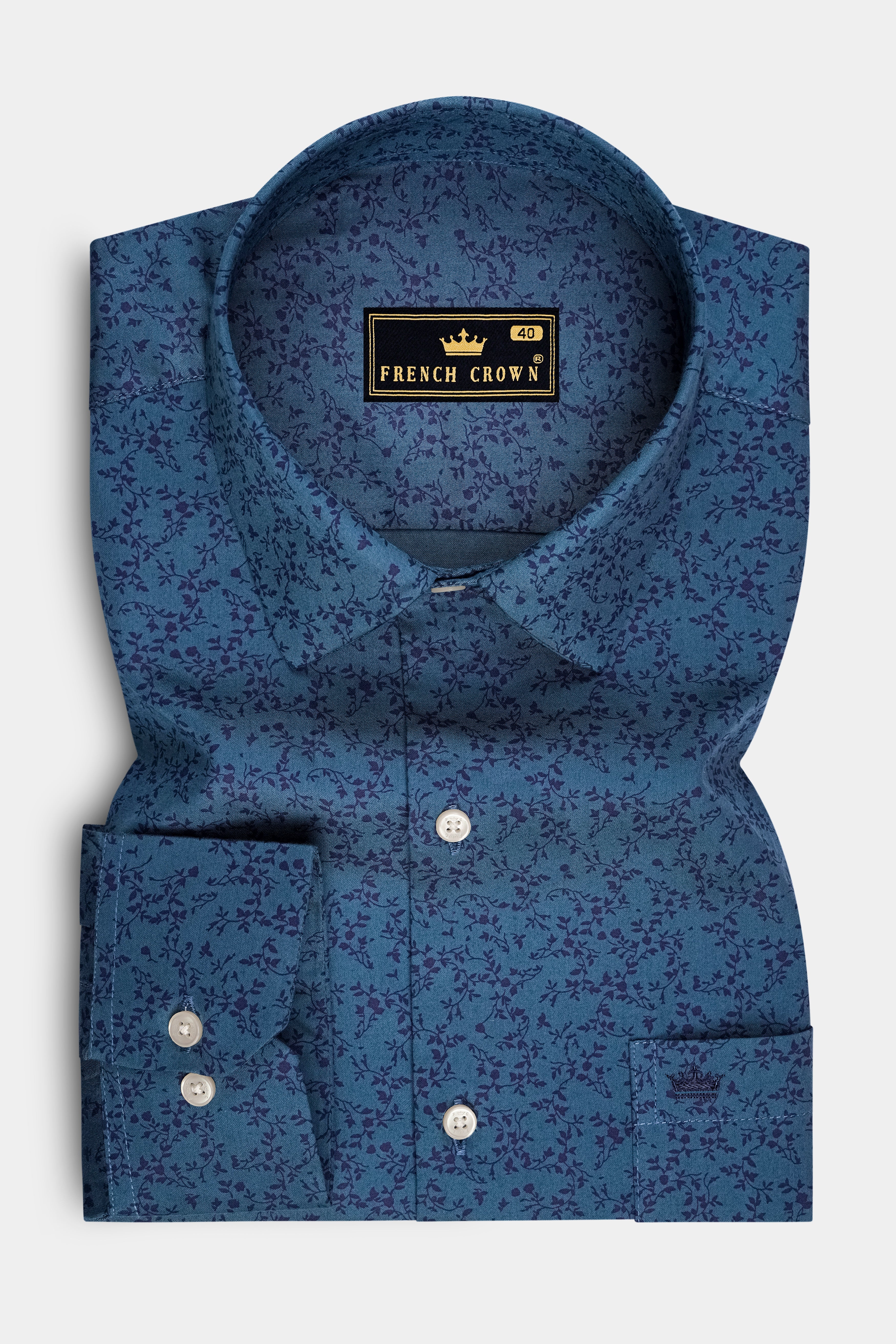 Virelle-Pickled Blue Floral Vine Printed Subtle Sheen Soft Premium Cotton Dress Shirt