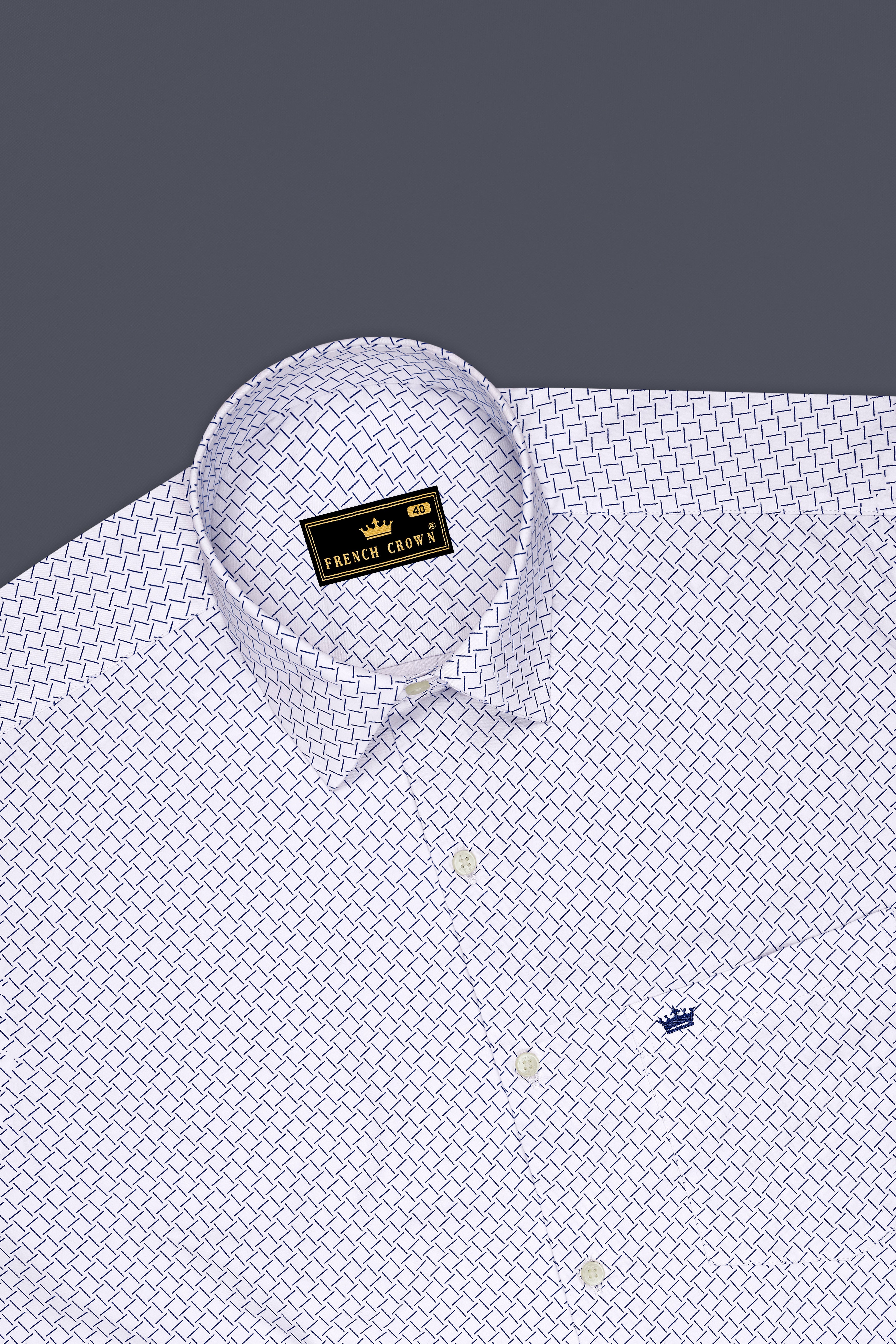 Loomis-Bright White And Twilight Blue Basketweave Printed Subtle Sheen Soft Premium Cotton Dress Shirt