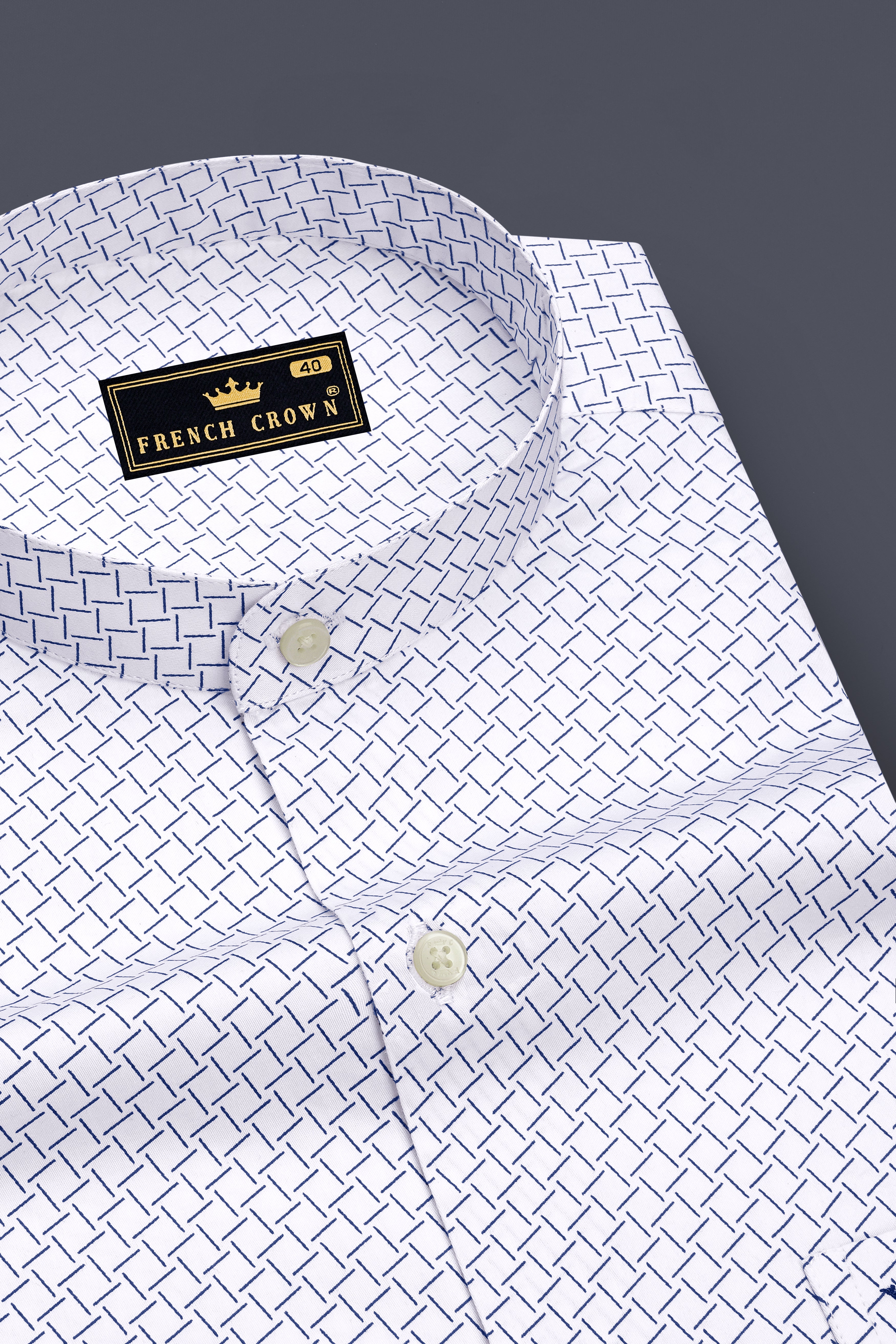 Loomis-Bright White And Twilight Blue Basketweave Printed Subtle Sheen Soft Premium Cotton Mandarin Casual Shirt
