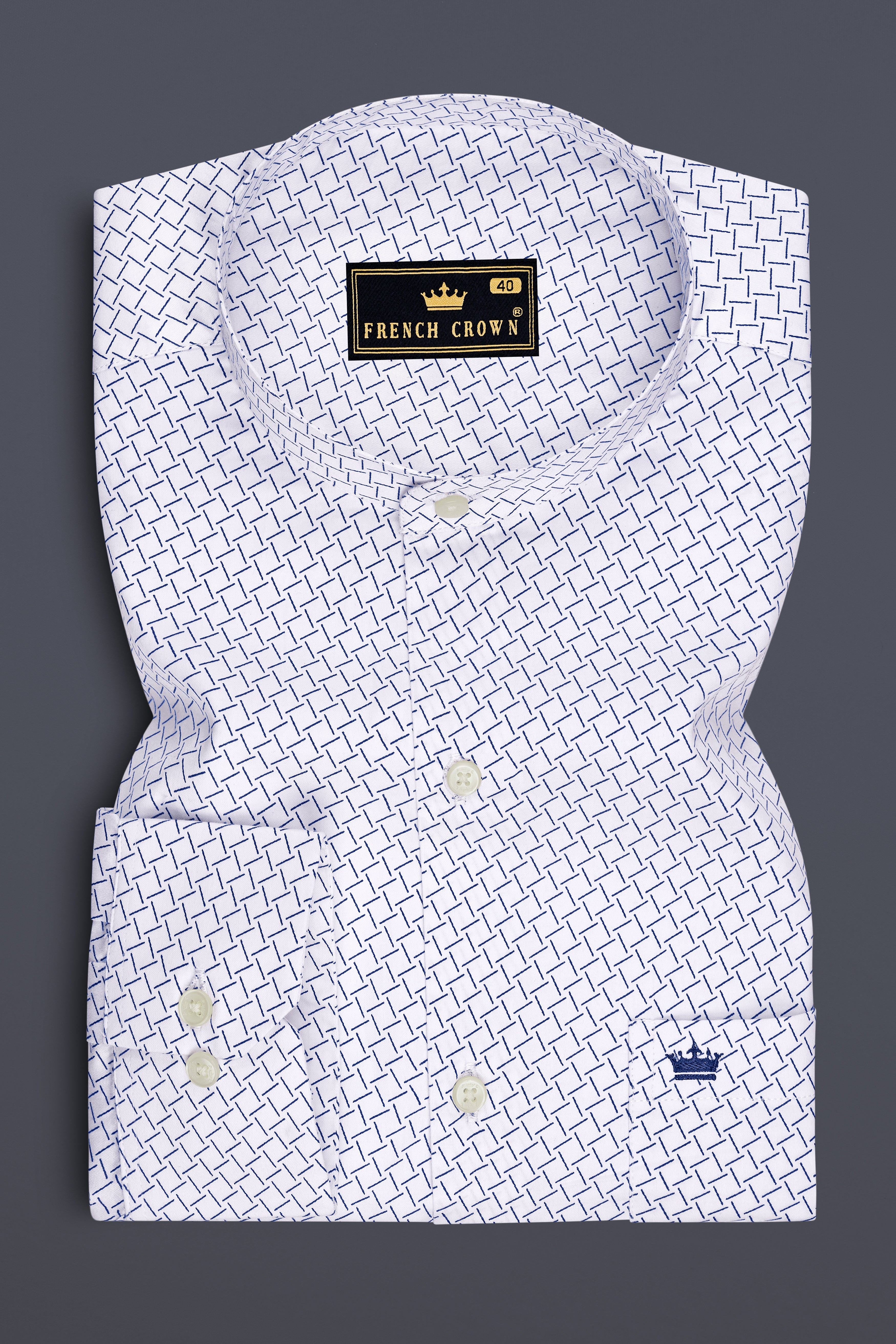 Loomis-Bright White And Twilight Blue Basketweave Printed Subtle Sheen Soft Premium Cotton Mandarin Casual Shirt