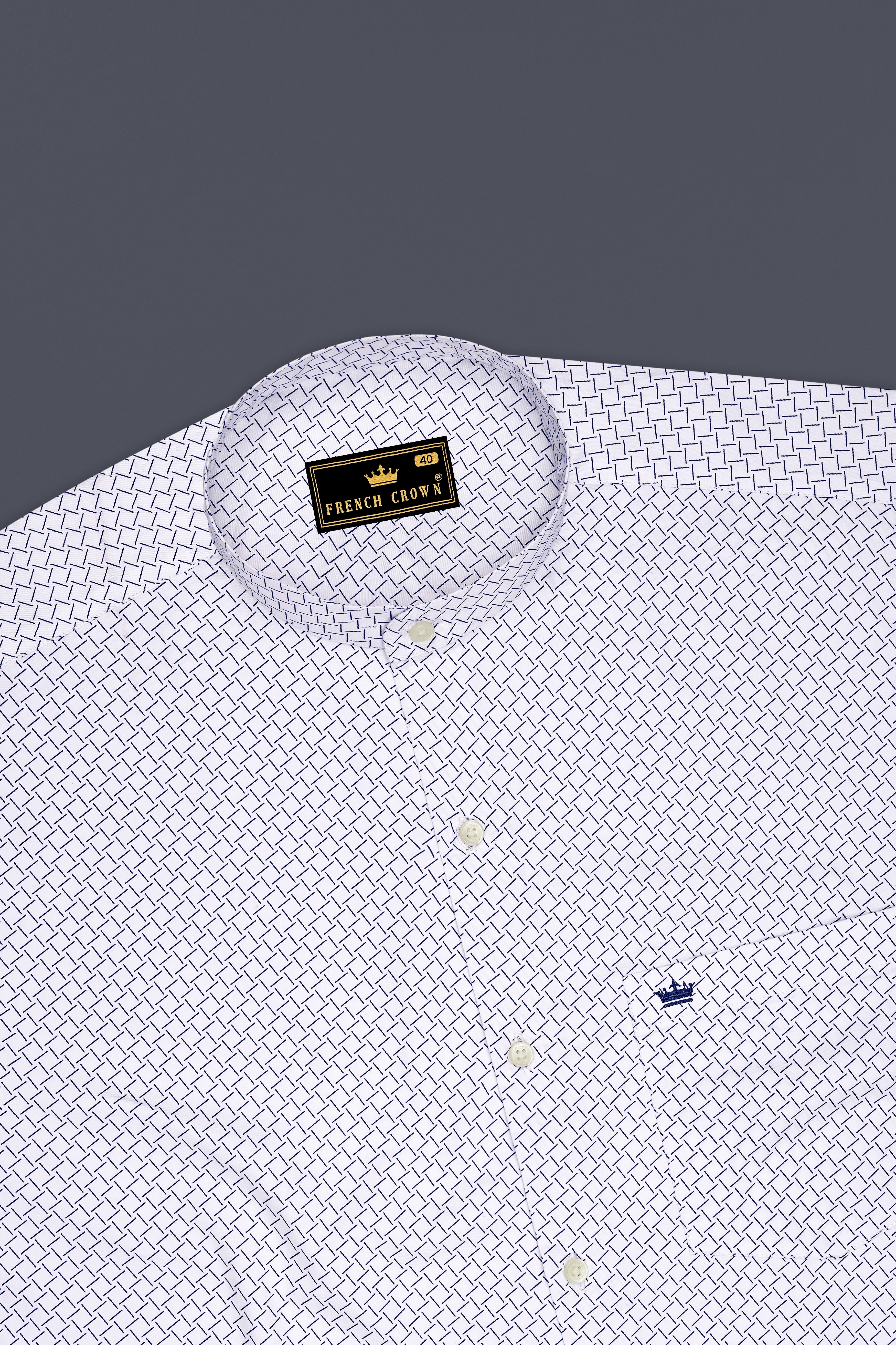Loomis-Bright White And Twilight Blue Basketweave Printed Subtle Sheen Soft Premium Cotton Mandarin Casual Shirt