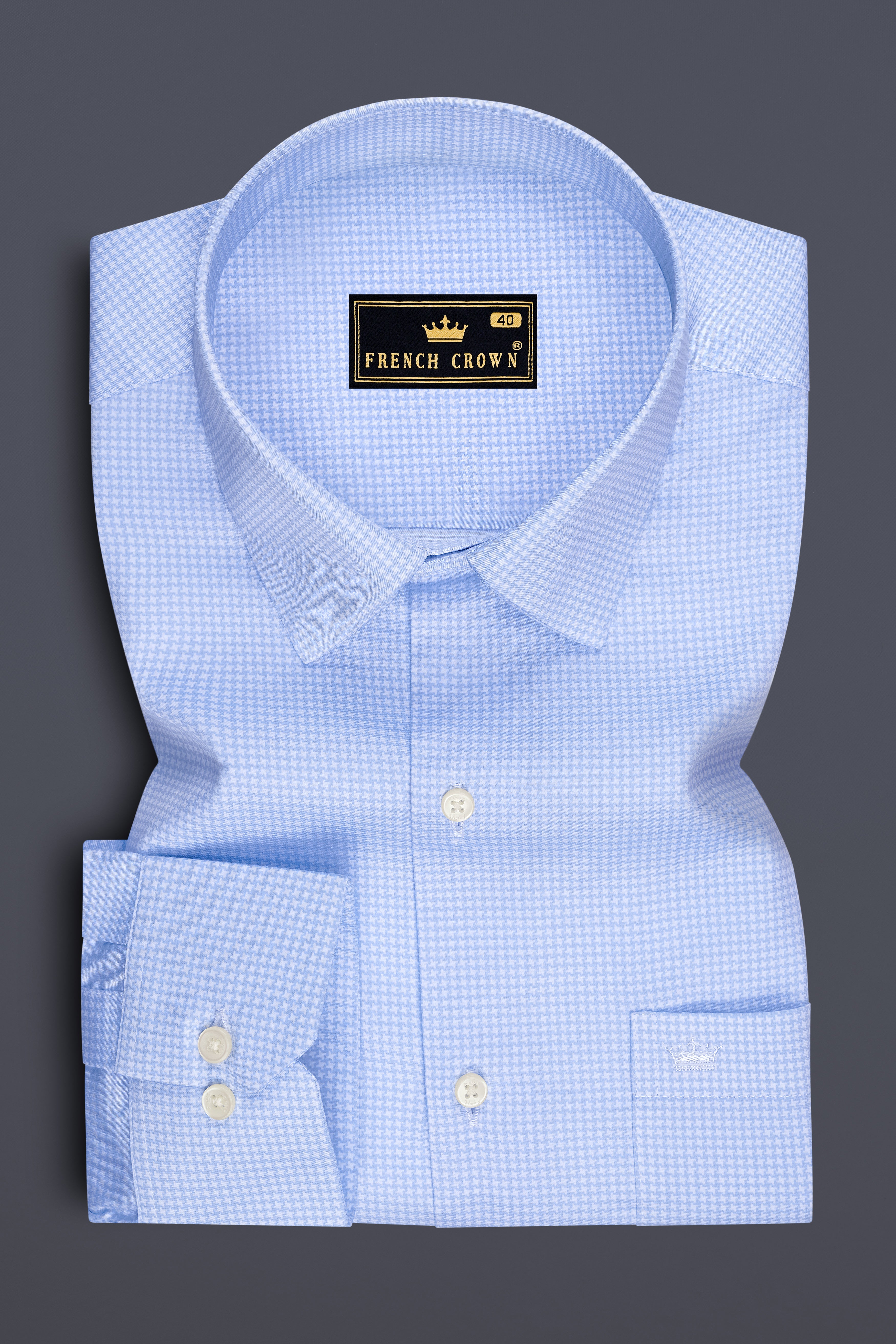 Vireo-Carolina Blue Houndstooth Printed Subtle Sheen Super Soft Premium Cotton Dress Shirt