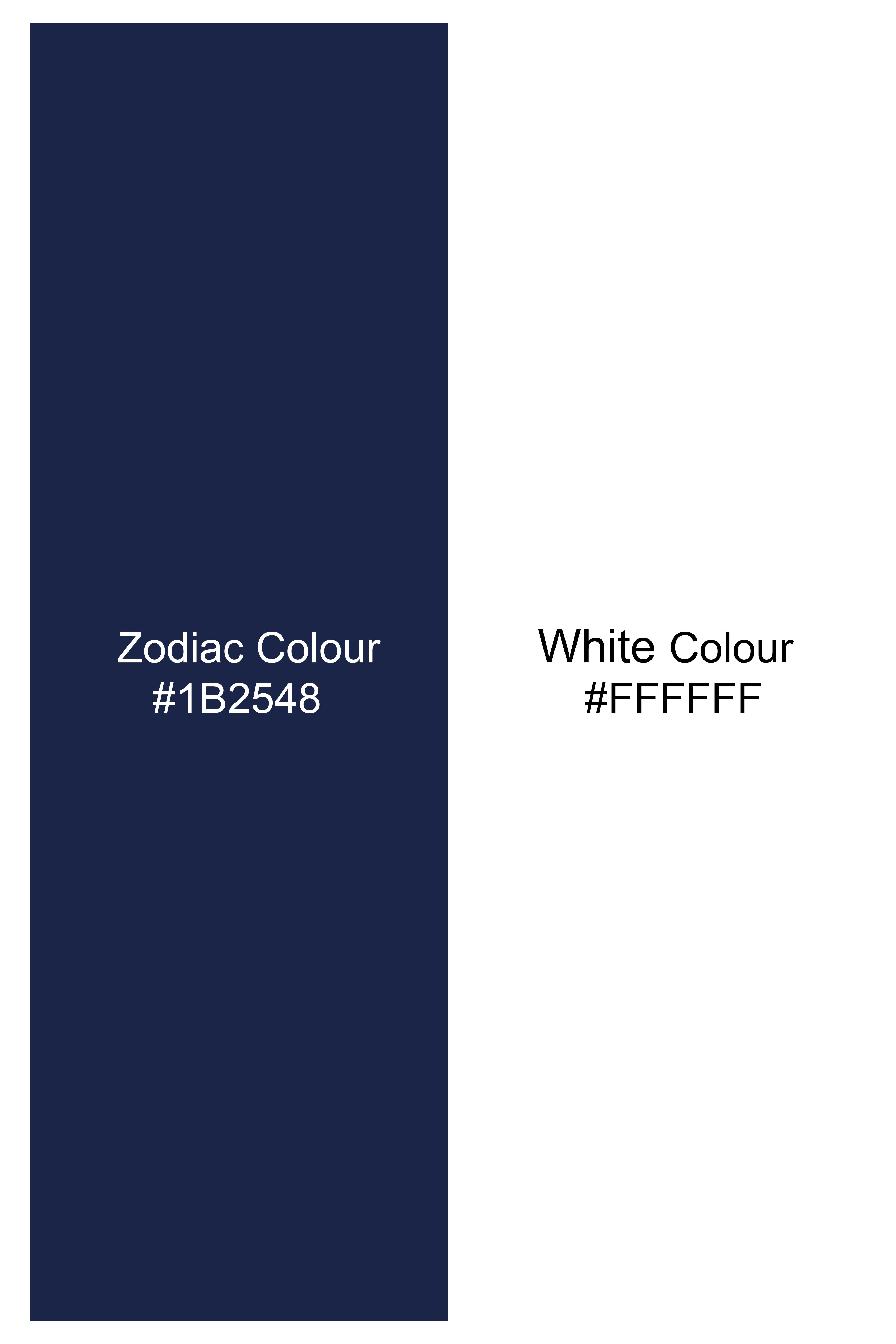 Nexus-Zodiac Blue And Bright White Basketweave Printed Subtle Sheen Soft Premium Cotton Mandarin Casual Shirt