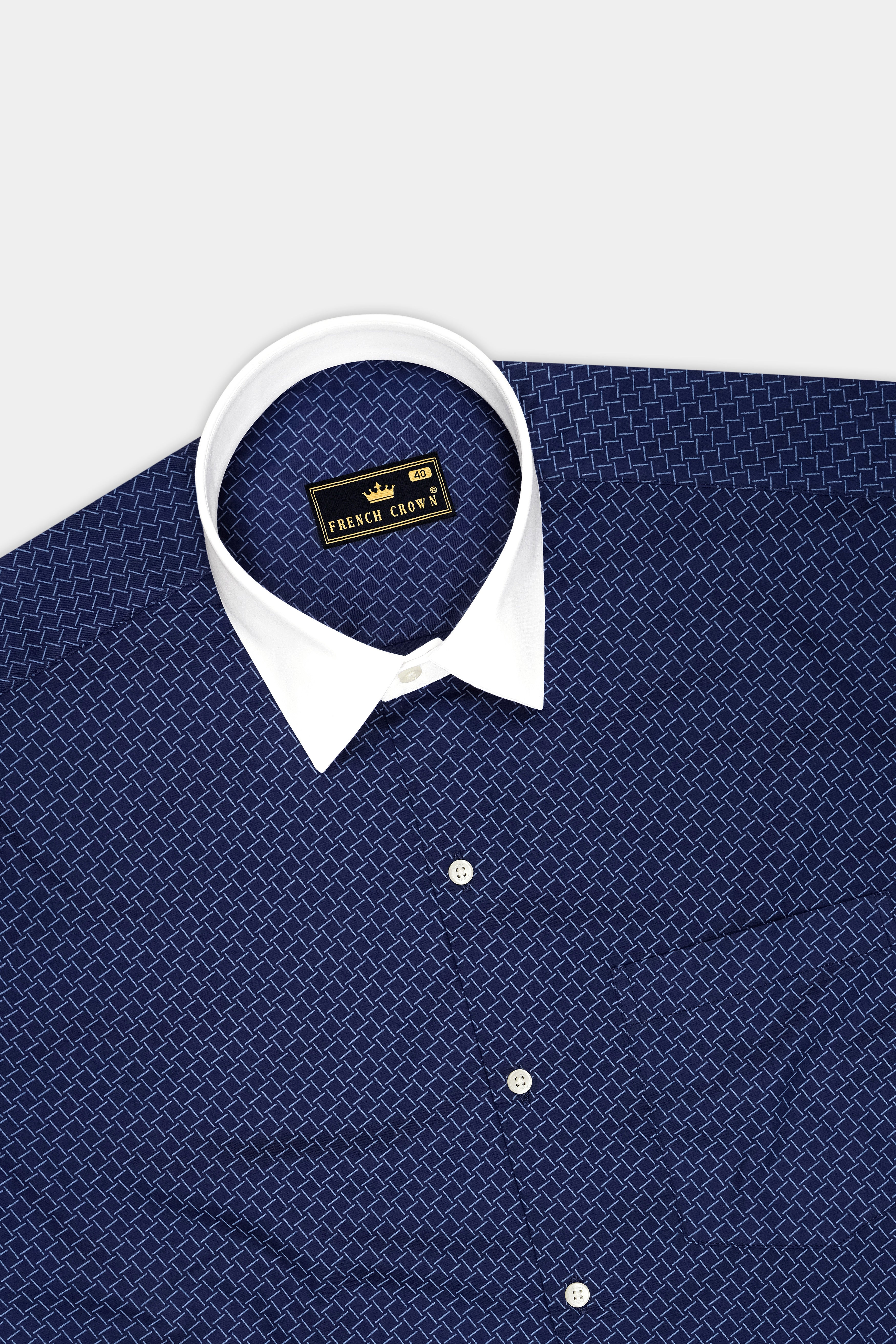 Nexus-Zodiac Blue And Bright White Basketweave Printed Subtle Sheen Soft Premium Cotton White Cuff Collar Dress Shirt