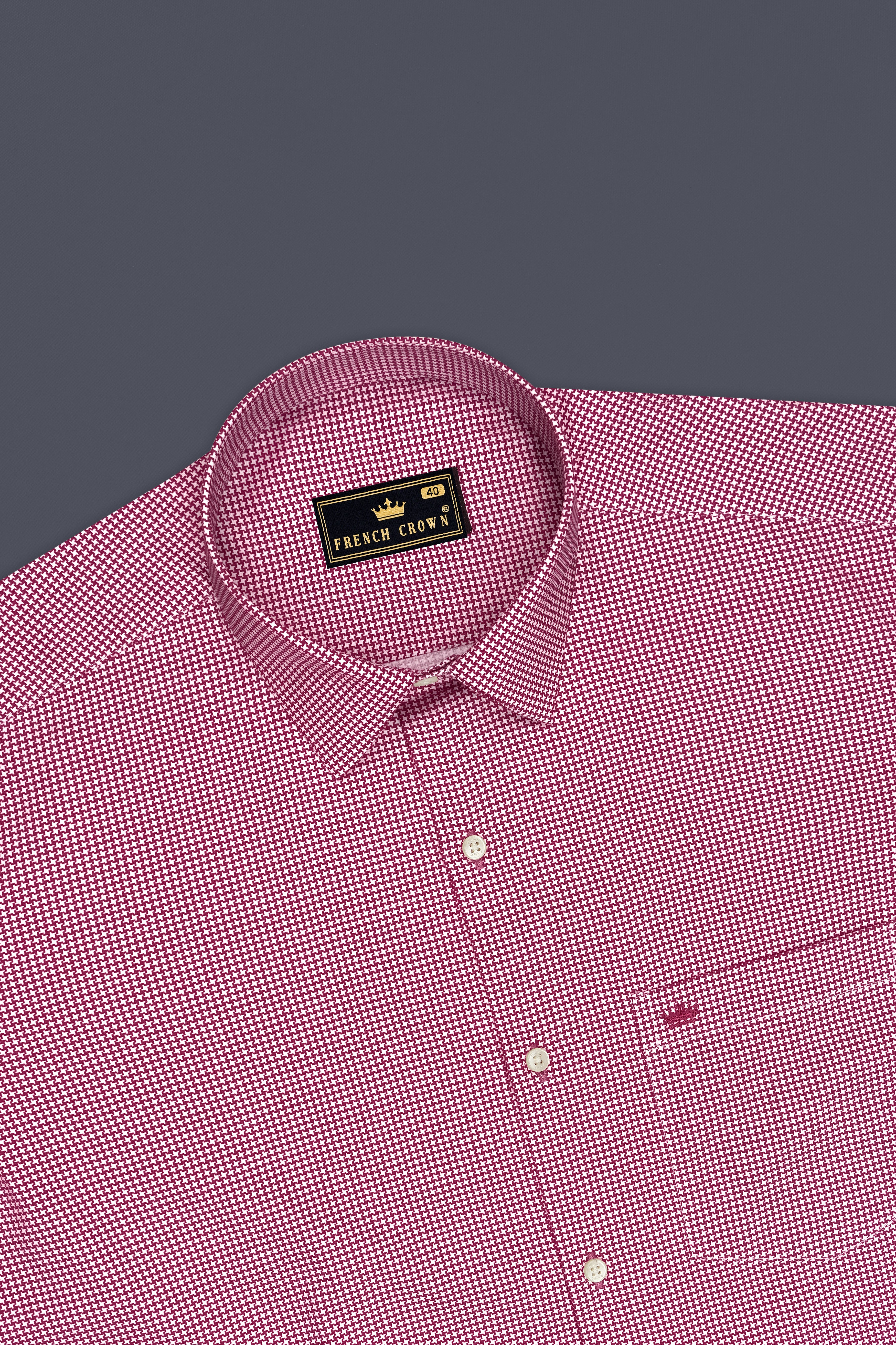 Lumier-Mulberry Pink Houndstooth Printed Subtle Sheen Super Soft Premium Cotton Dress Shirt