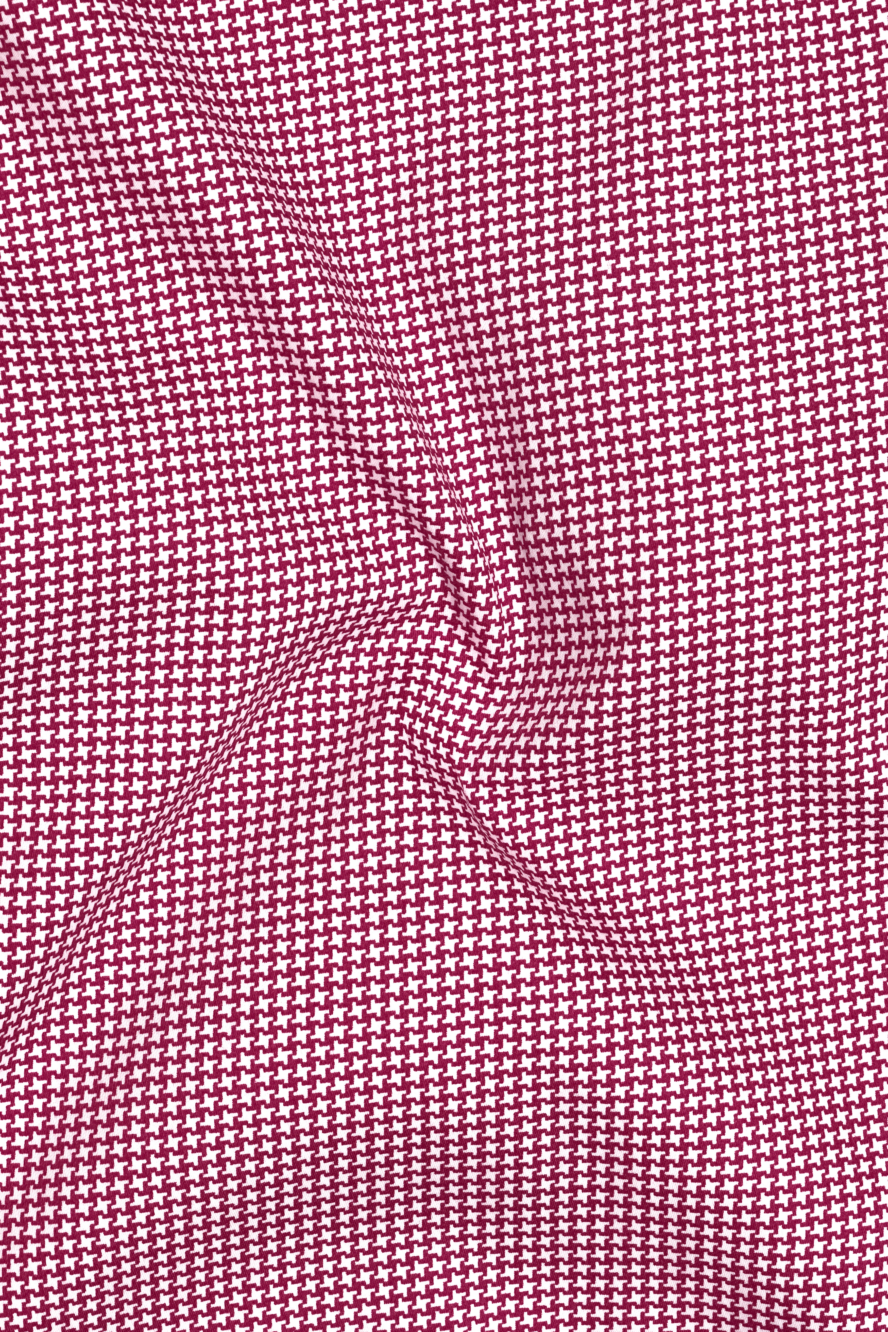 Lumier-Mulberry Pink Houndstooth Printed Subtle Sheen Super Soft Premium Cotton White Cuff Collar Dress Shirt