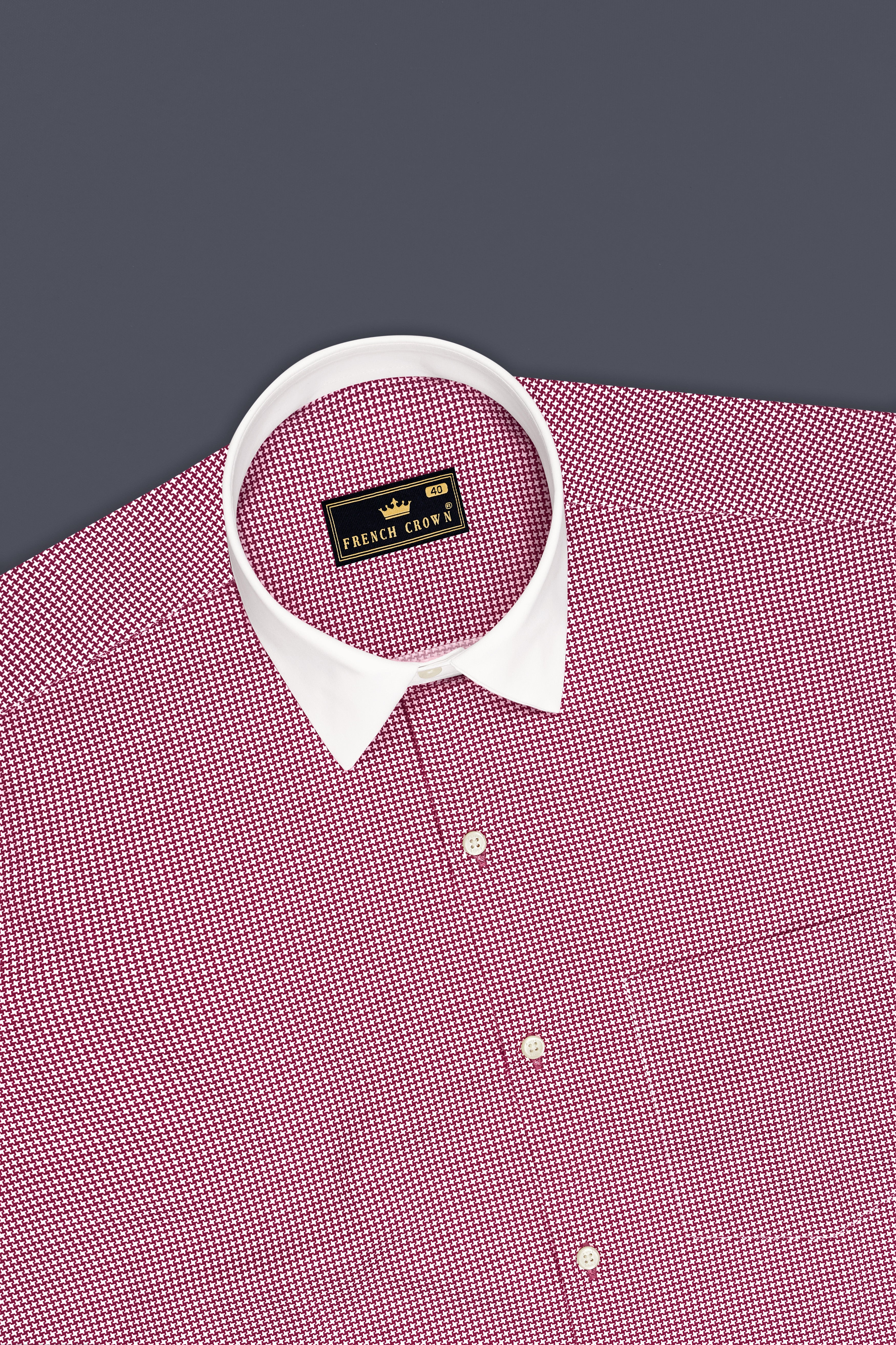 Lumier-Mulberry Pink Houndstooth Printed Subtle Sheen Super Soft Premium Cotton White Cuff Collar Dress Shirt