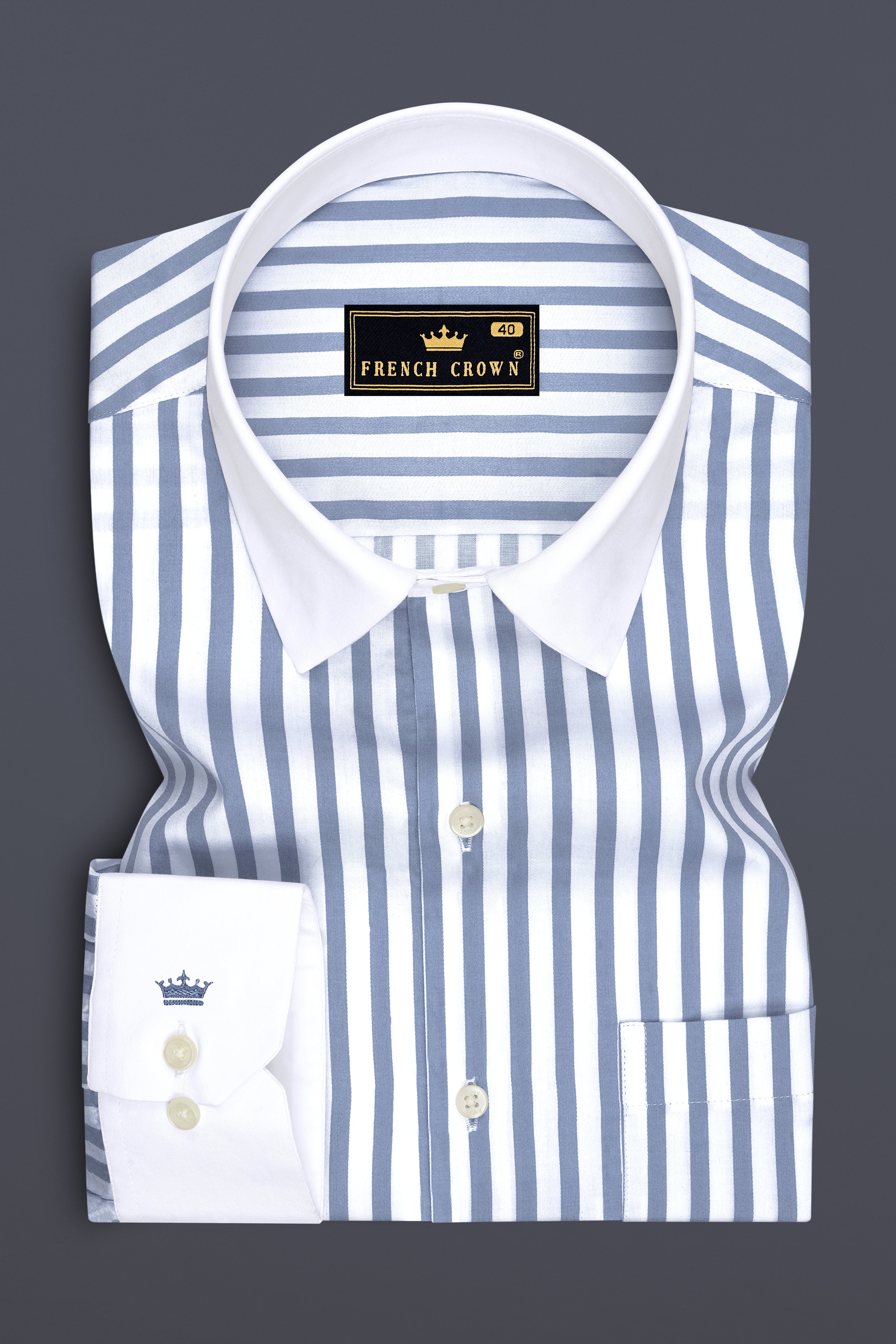 Strivon-Steel Blue And Bright White Candy Striped Subtle Sheen Super Soft Premium Cotton White Cuff Collar Dress Shirt
