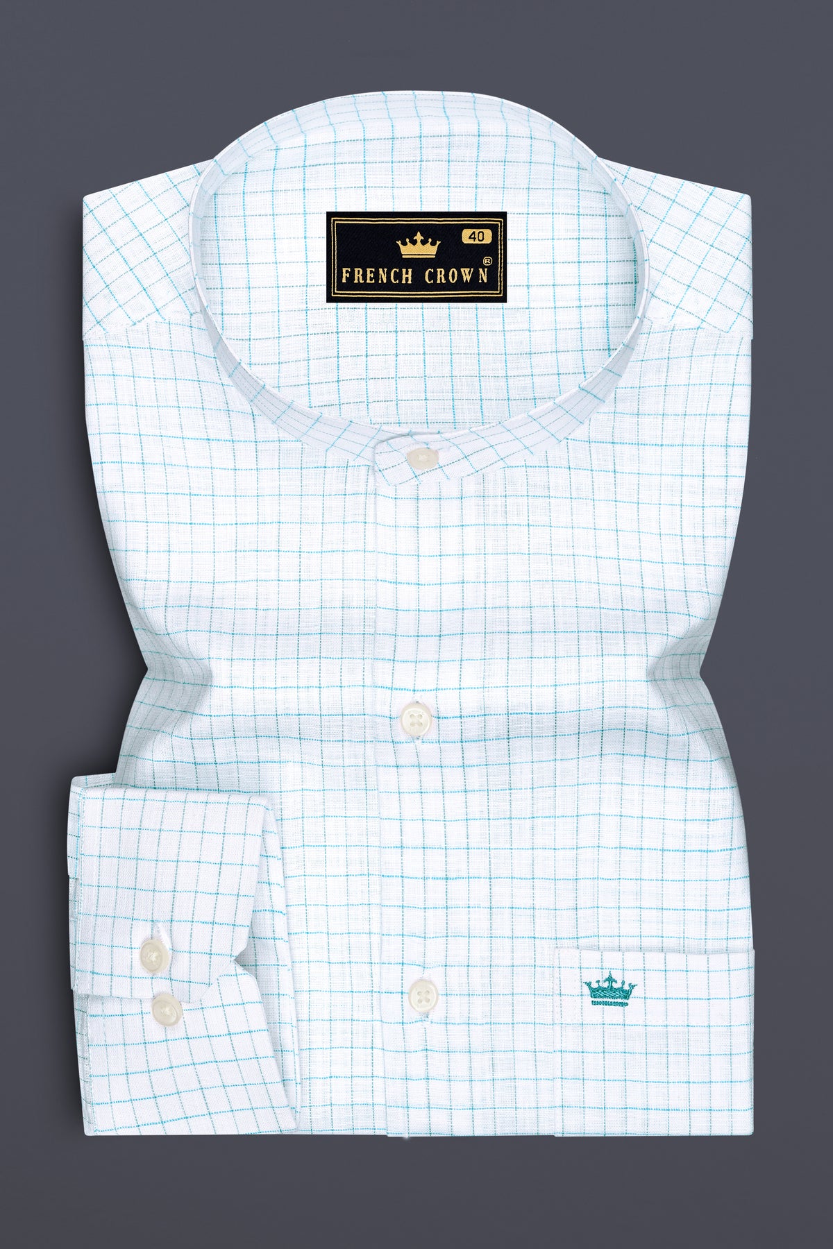 Zephyr-Bright White And Aquamarine Blue Windowpane Luxurious Linen Mandarin Casual Shirt