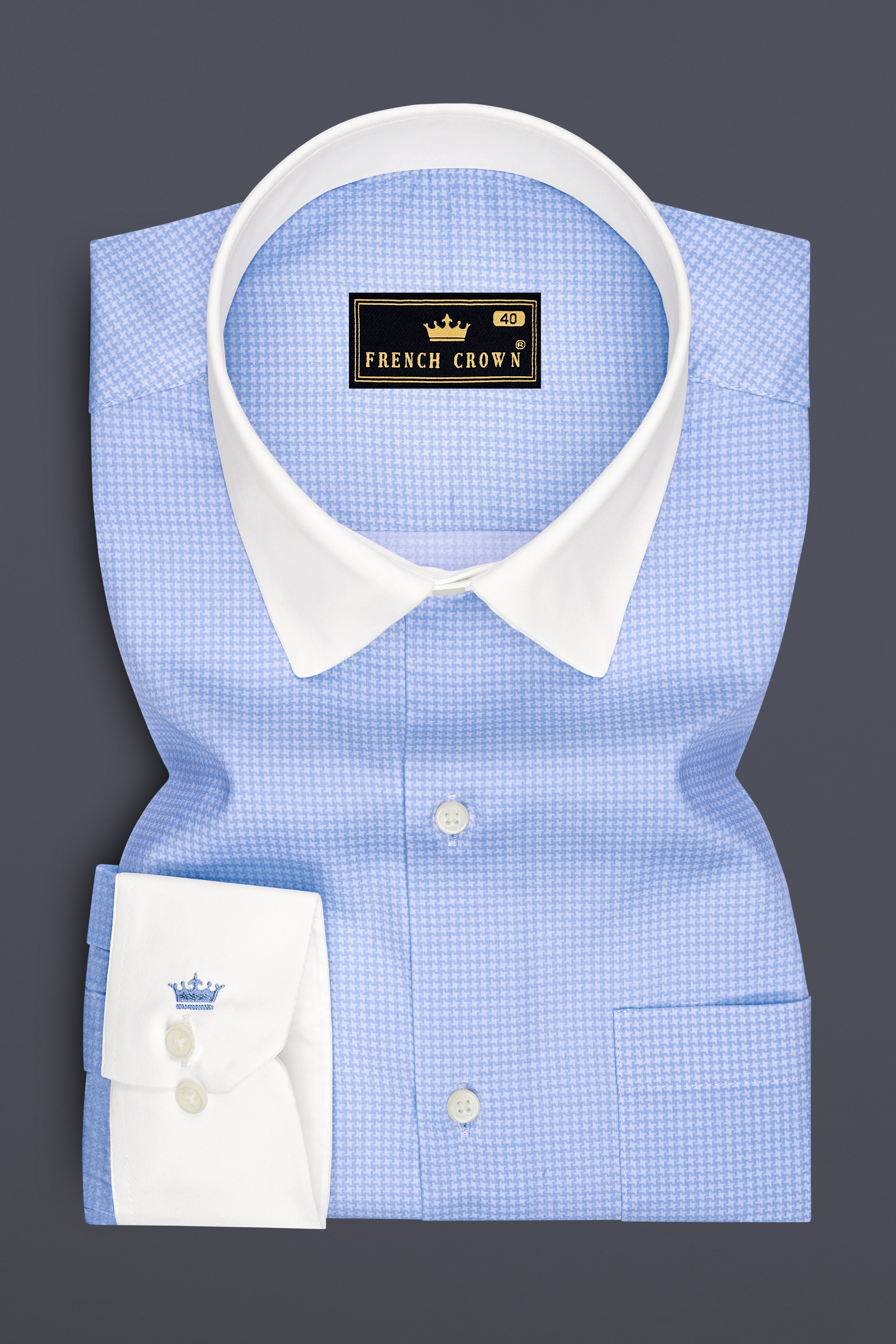 Vireo-Carolina Blue Houndstooth Printed Subtle Sheen Super Soft Premium Cotton White Cuff Collar Dress Shirt