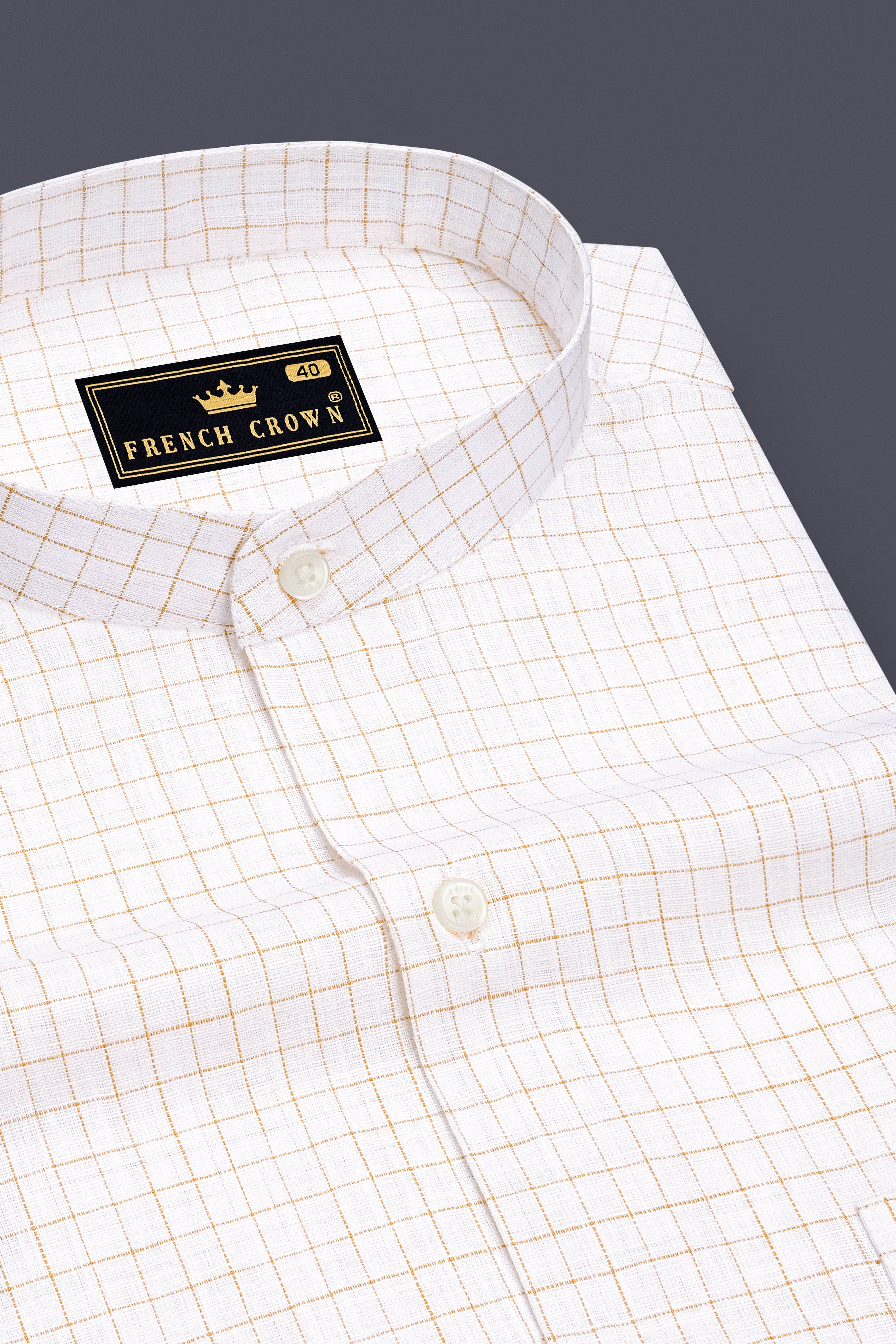 Bristol-Bright White And Tan Brown Windowpane Luxurious Linen Mandarin Casual Shirt