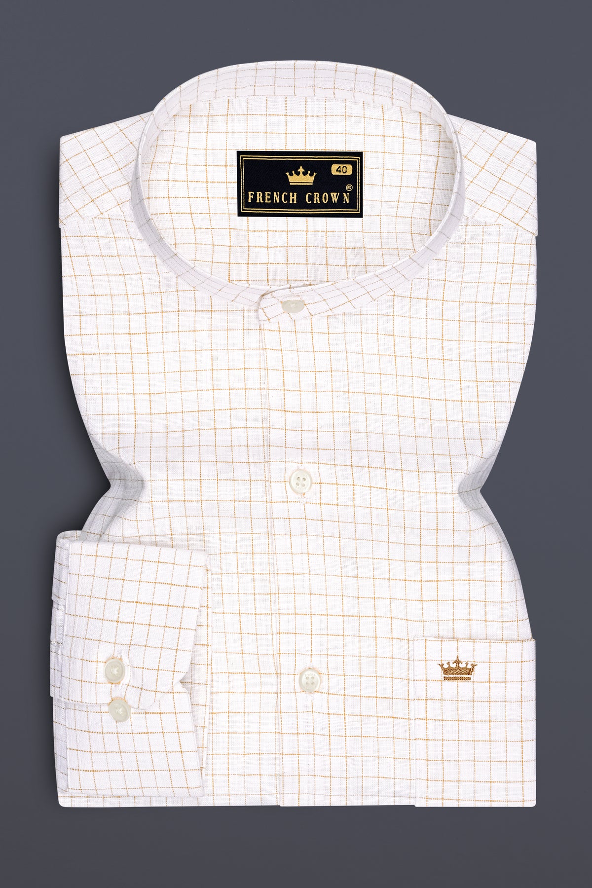 Bristol-Bright White And Tan Brown Windowpane Luxurious Linen Mandarin Casual Shirt